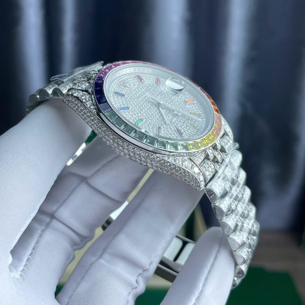 Rolex DateJust Replica Watch Full Moissanite Diamonds Hong Kong Dial Blue 41mm