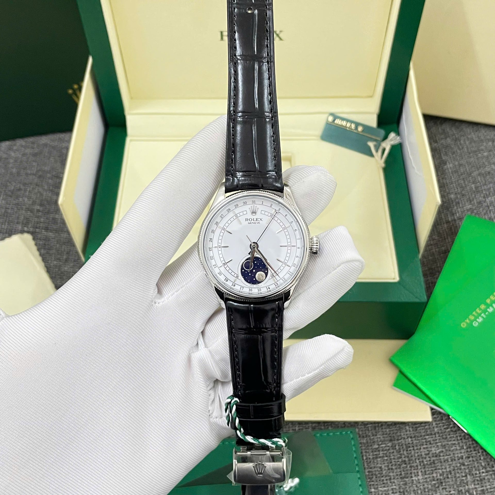 Rolex High End Watch Replicas Cellini Moonphase White Dial Leather Strap 39mm
