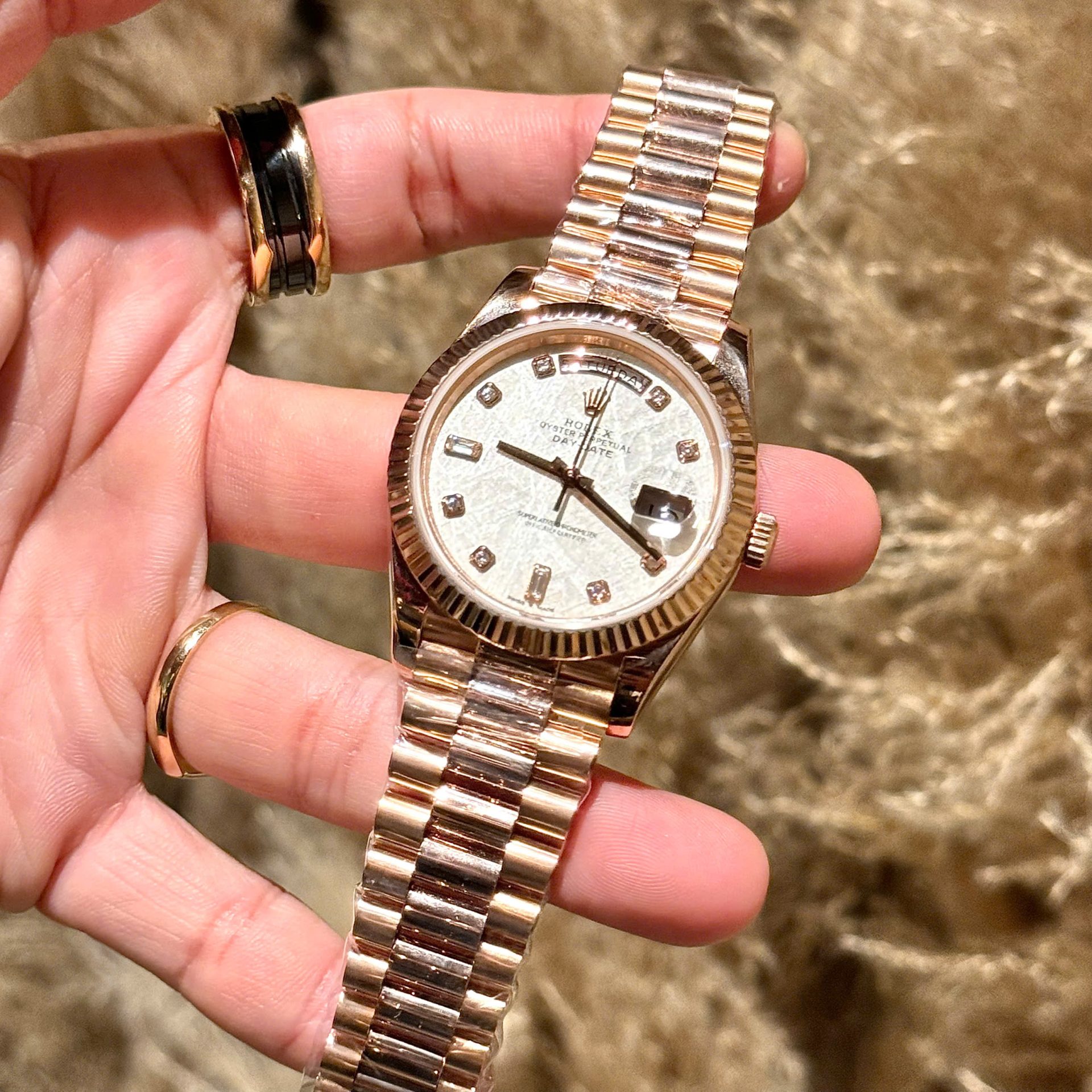 Rolex Replica Watch Day-Date Meteorite Dial With Moissanite Diamonds Hour Markers Custom Gold Wrapped GMF 40mm