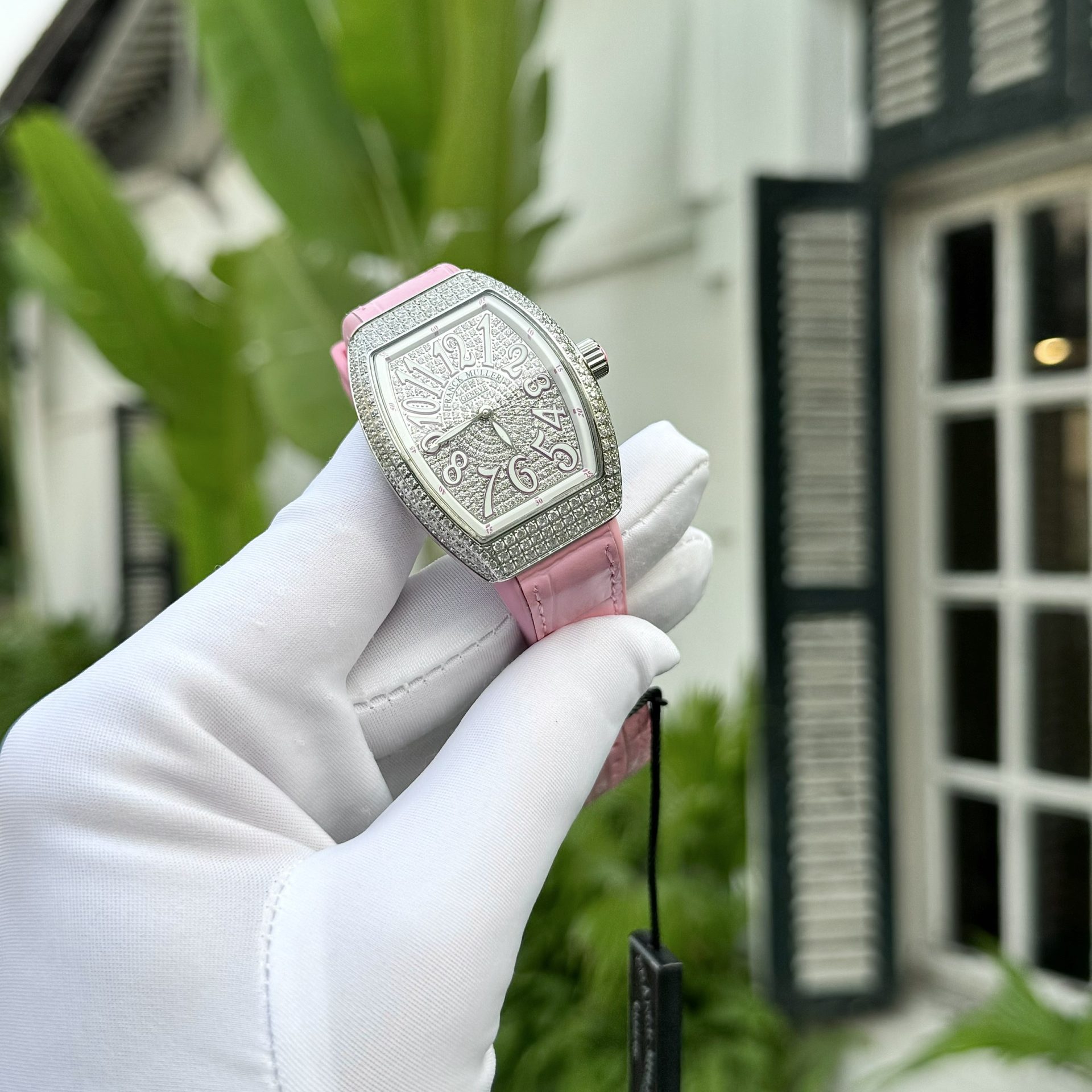 Franck Muller Replica 1:1 Watch V32 With Full Diamonds Pink Rubber Strap ABF Factory 32x40mm