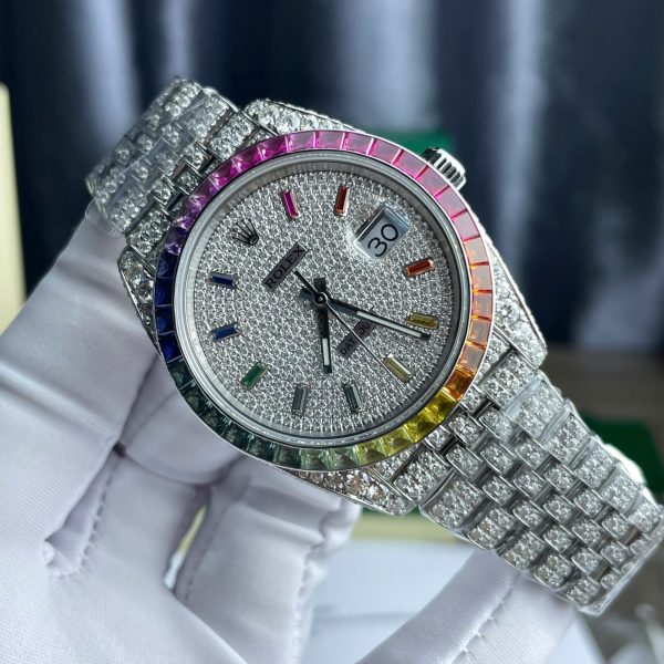 Rolex DateJust Replica Watch Full Moissanite Diamonds Hong Kong Dial Blue 41mm