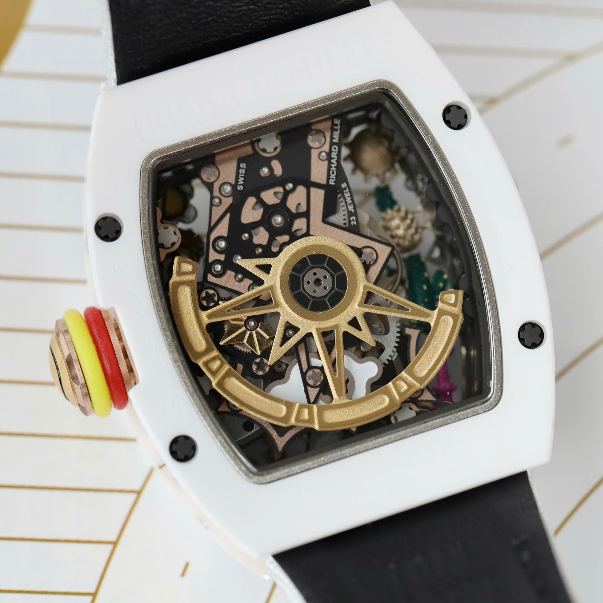 Richard Mille Best Copies Watch RM88 Smiley White Ceramic Fabic Nato Strap 42mm
