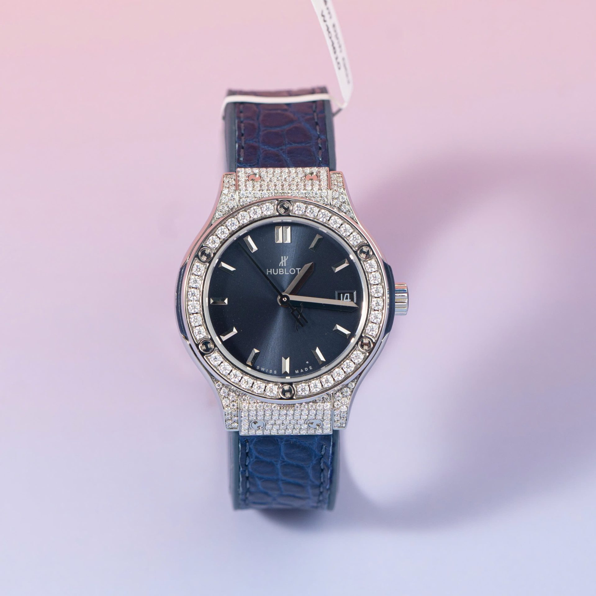 Hublot Replica 11 Watch Classic Fusion Women s Full Diamond Moissanite Blue 33mm