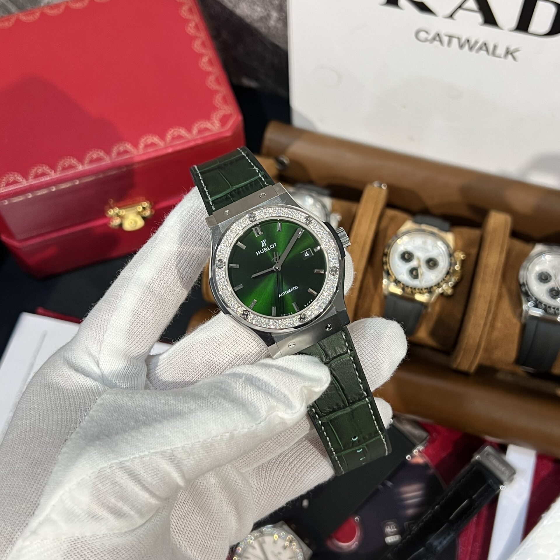 Hublot Replica 11 Watch Classic Fusion Titanium Green Dial With Moissanite Bezel 42mm