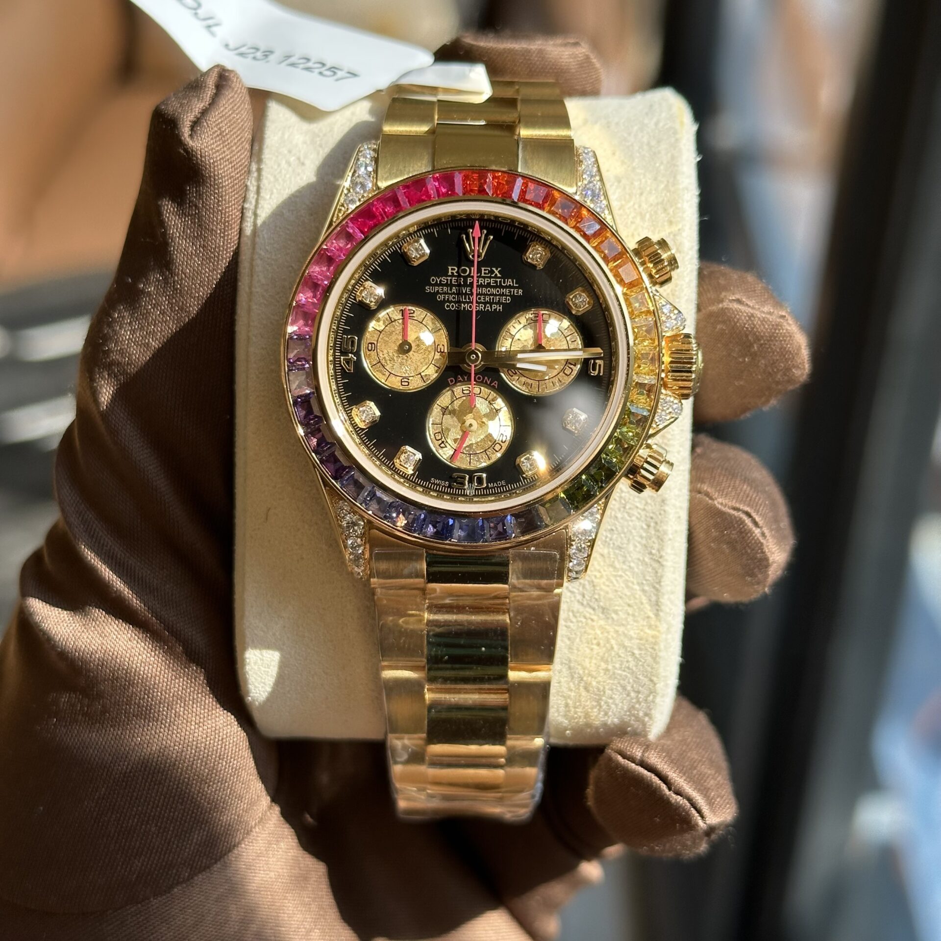 Rolex Replica Watch Daytona Rainbow Yellow Gold Wrapped Moissanite Diamonds TWF 40mm