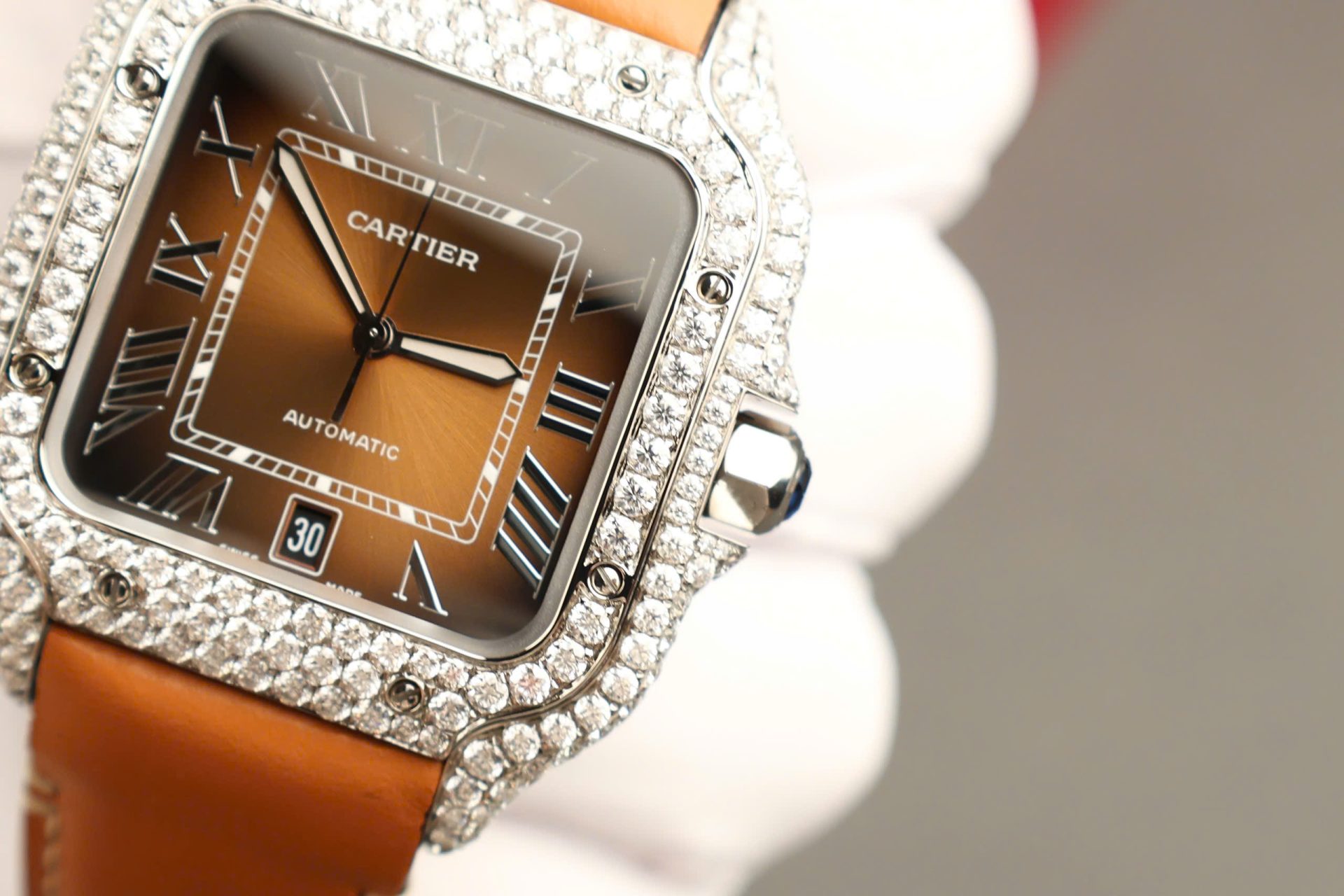 Cartier Santos Brown Dial Copies Watches Custom Diamonds Moissanite BV Factory 39.8mm