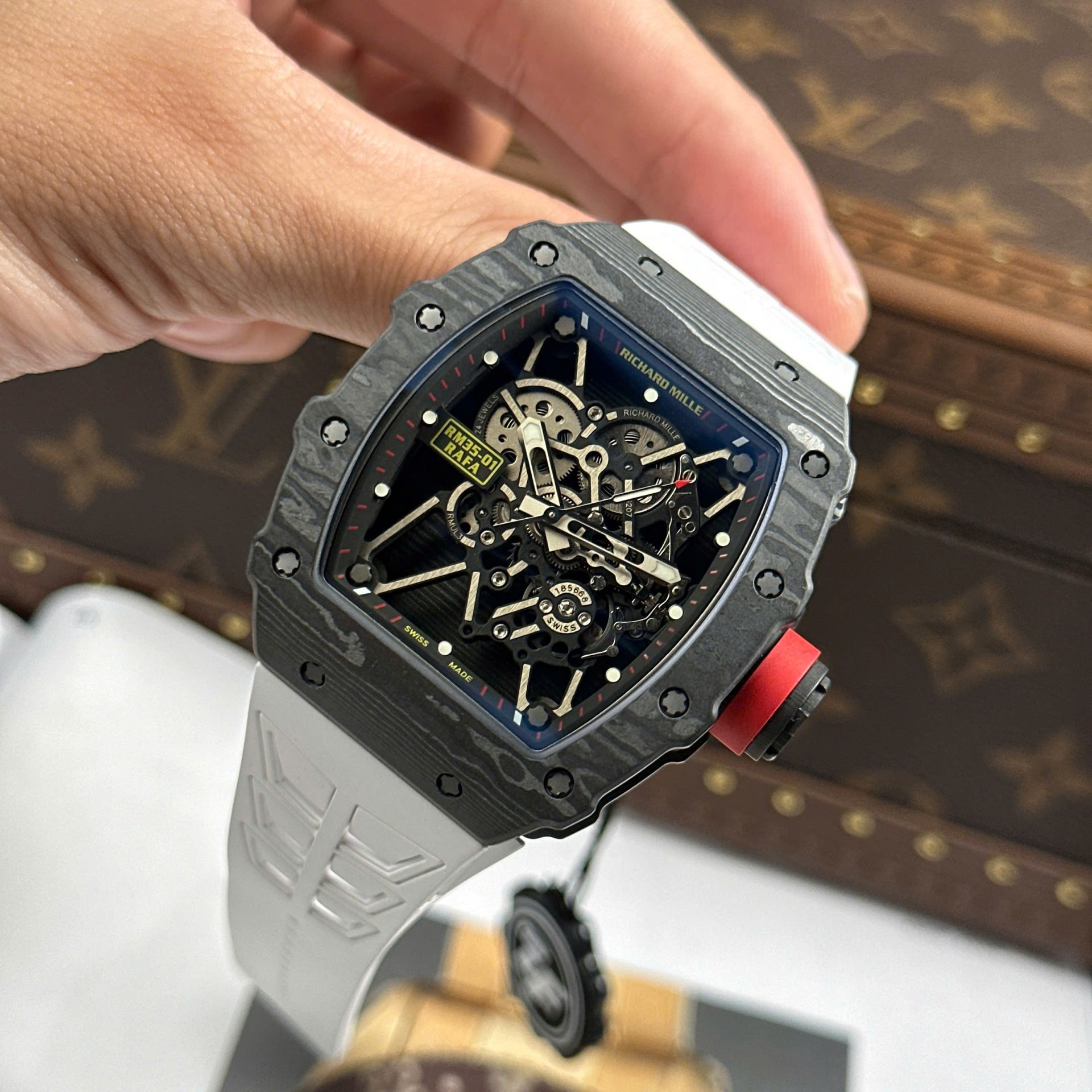 Richard Mille RM35-01 Rafael Nadal Carbon NTPT Best Copies Watches White Rubber Strap ZF Factory 49,9x43mm
