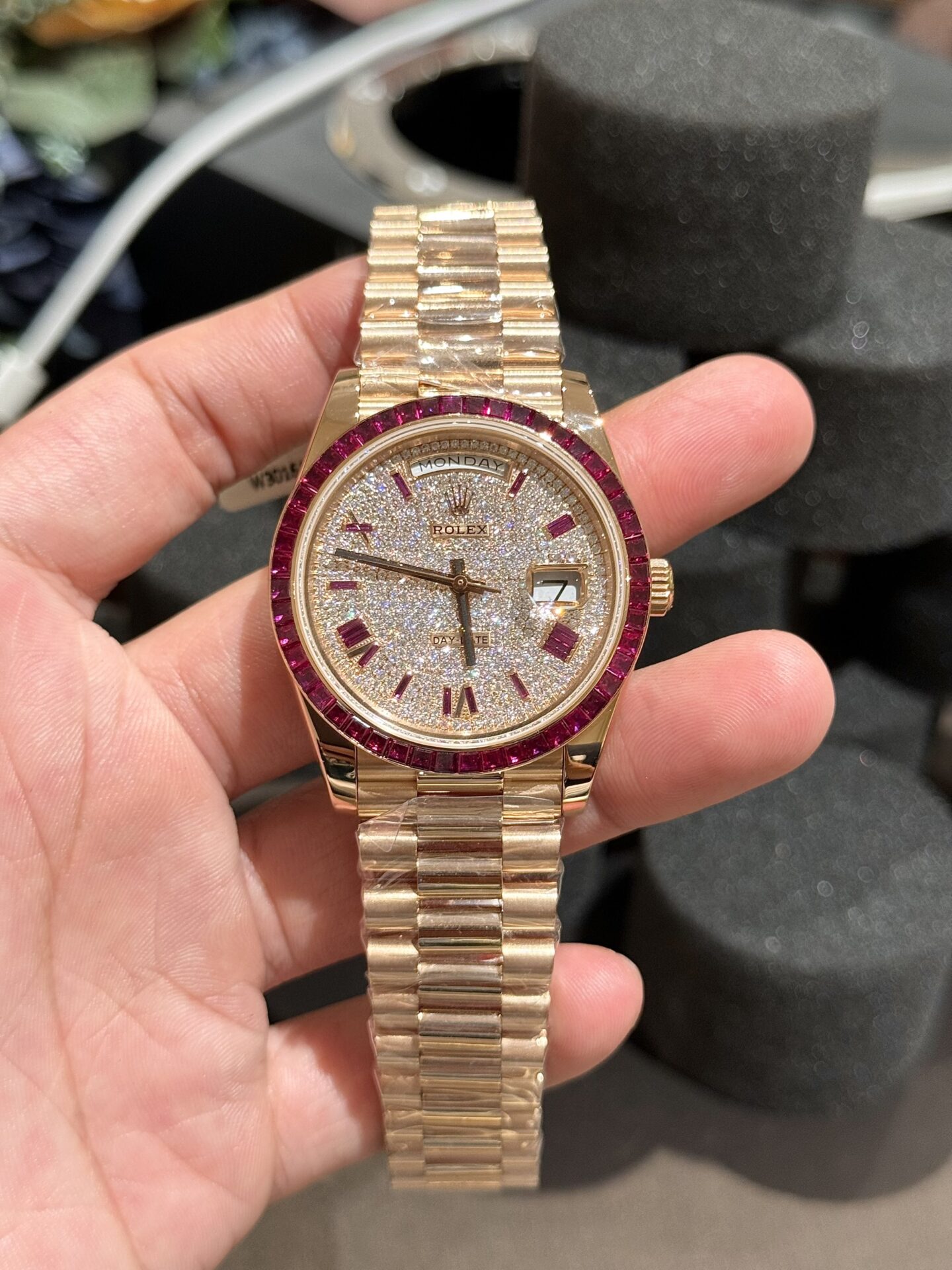 Rolex Replica Watch Day-Date Moissanite Ruby Baguette Red 18K Gold Wrapped 40mm