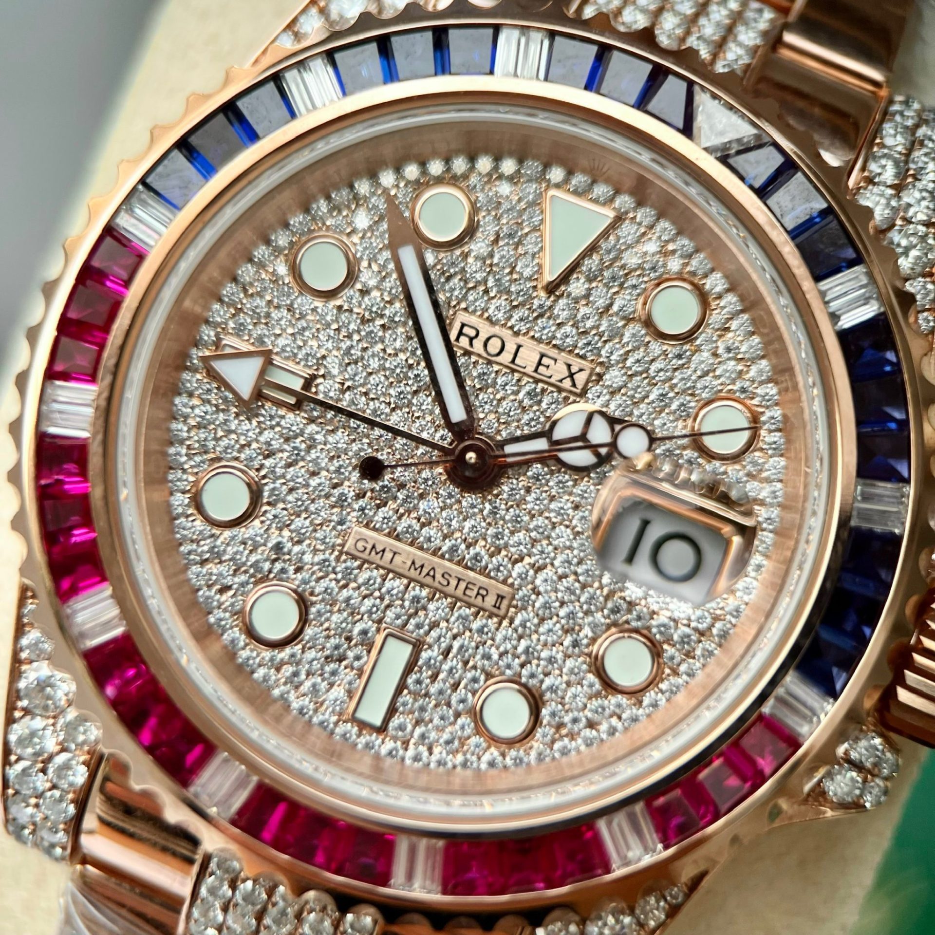 Rolex Replica 11 Watch GMT Master II Gold Wrapped Moissanite Diamond Sapphire 40mm