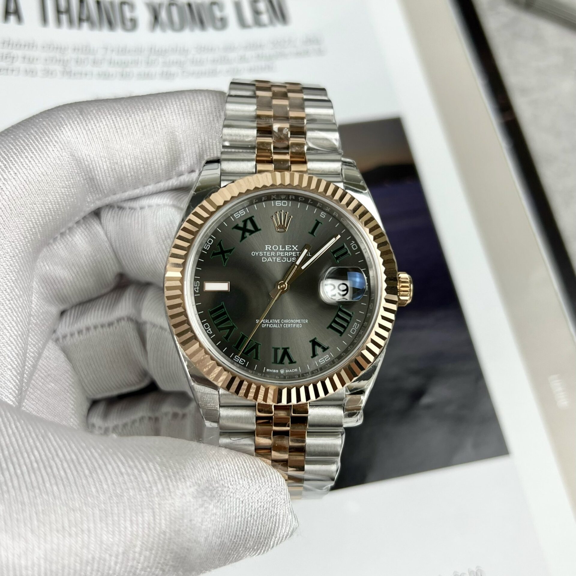 Rolex Replica Watch DateJust Wimbledon Dial Demi Strap Rose Gold Plated EW 41mm