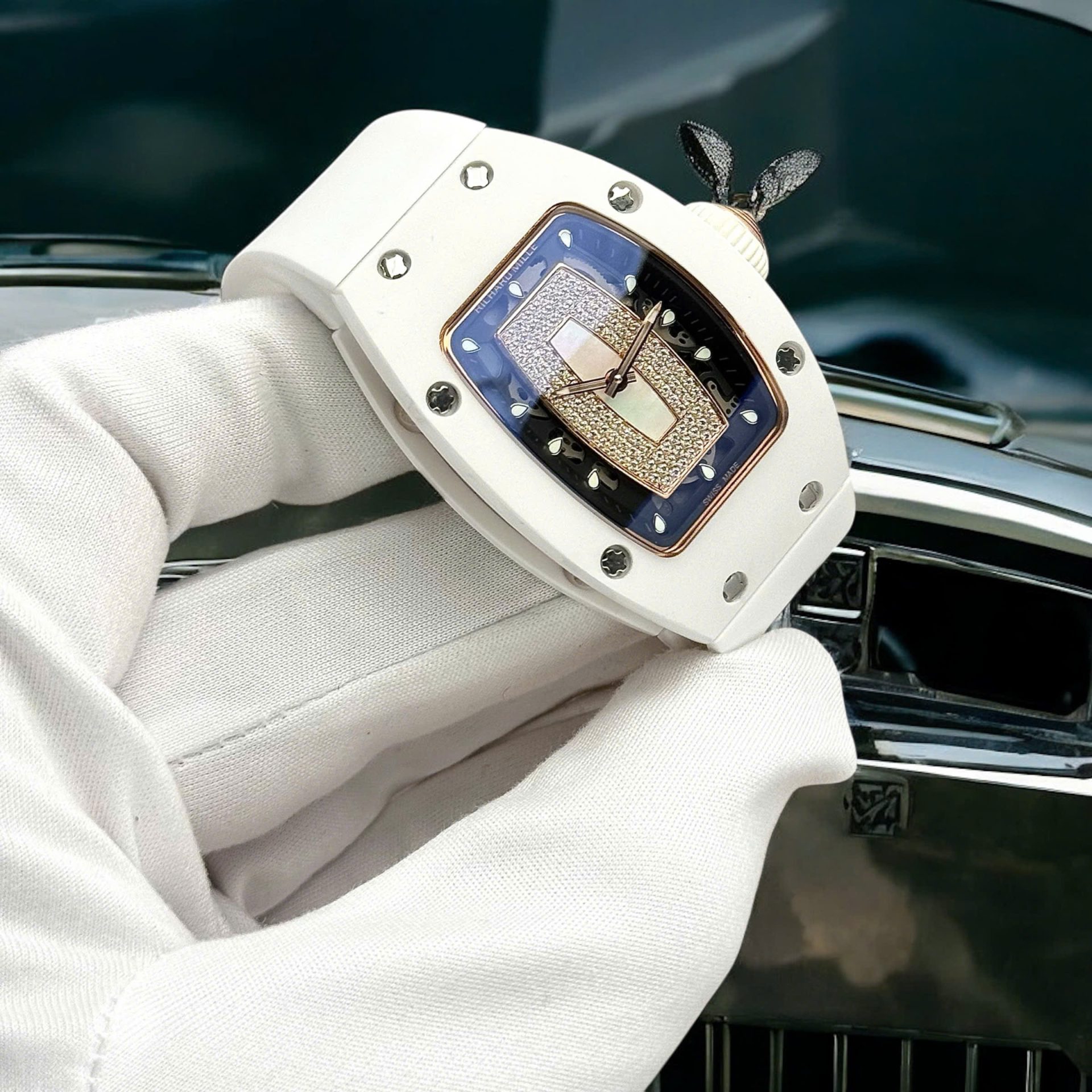 Richard Mille RM07 Super Clone Watches White Ceramic Rubber Strap Automatic Movement 36mm