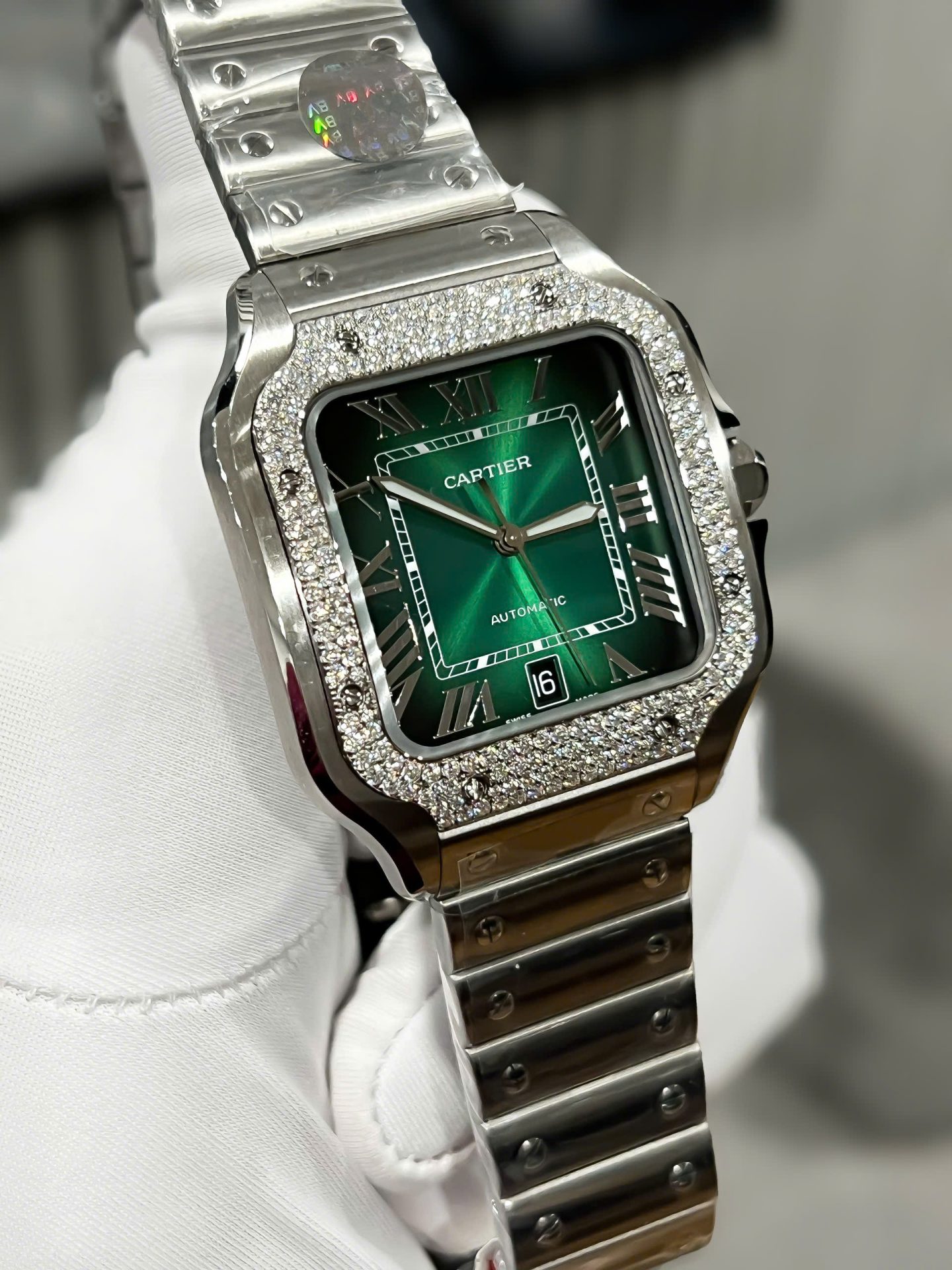 Cartier Santos Replica Watch Custom Moissanite Diamonds Dial Green BV Factory 39.8mm