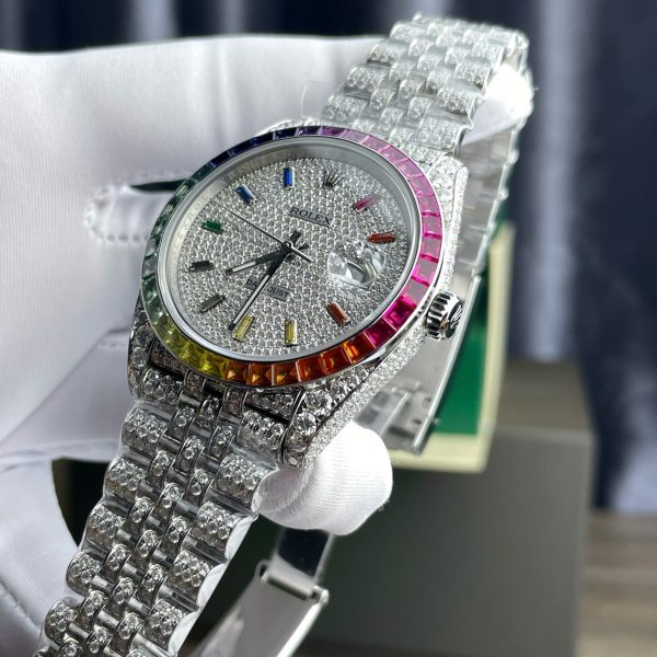 Rolex DateJust Replica Watch Full Moissanite Diamonds Hong Kong Dial Blue 41mm