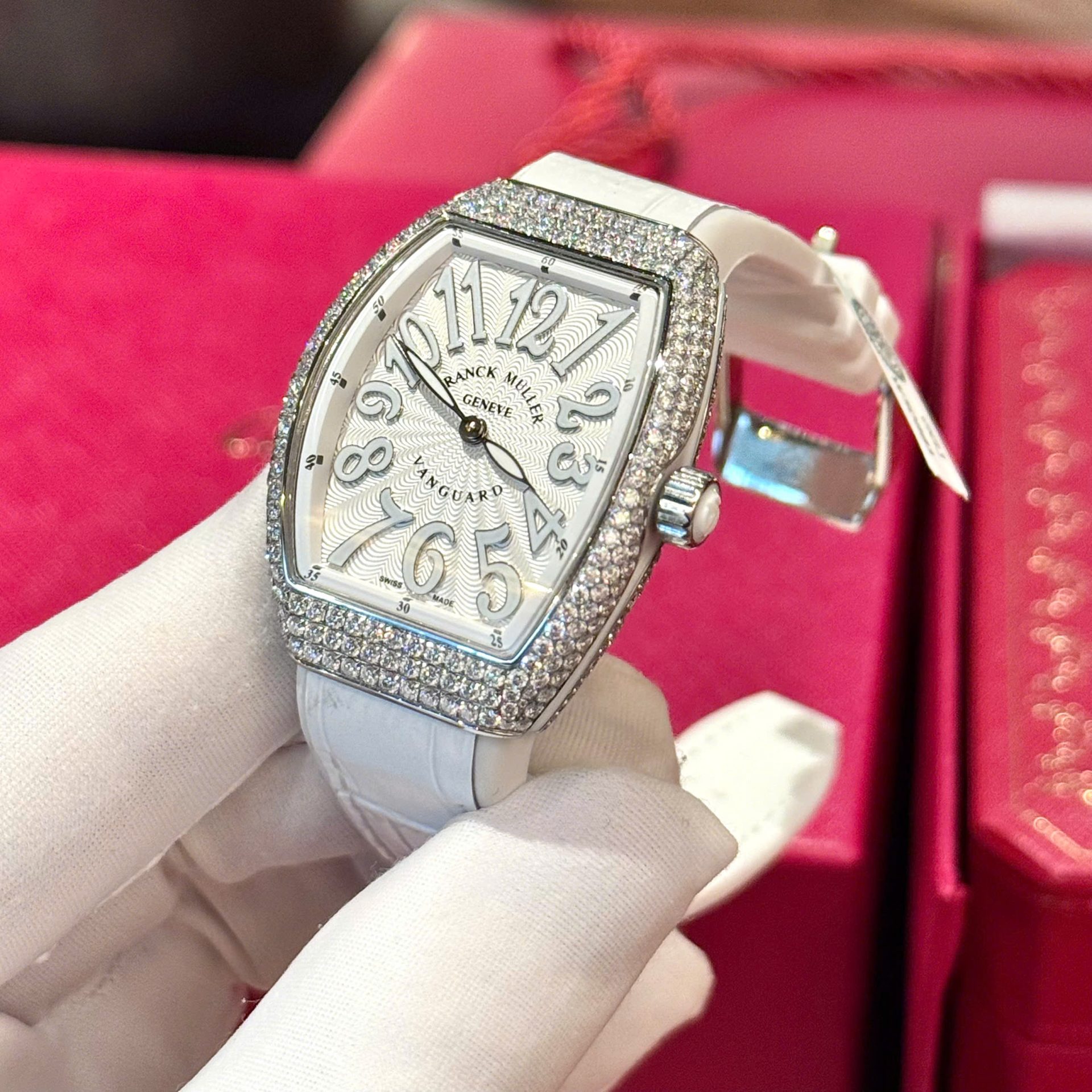 Franck Muller V32 White Dial Replica Watch Custom Diamonds Moissanite Hong Kong 36mm
