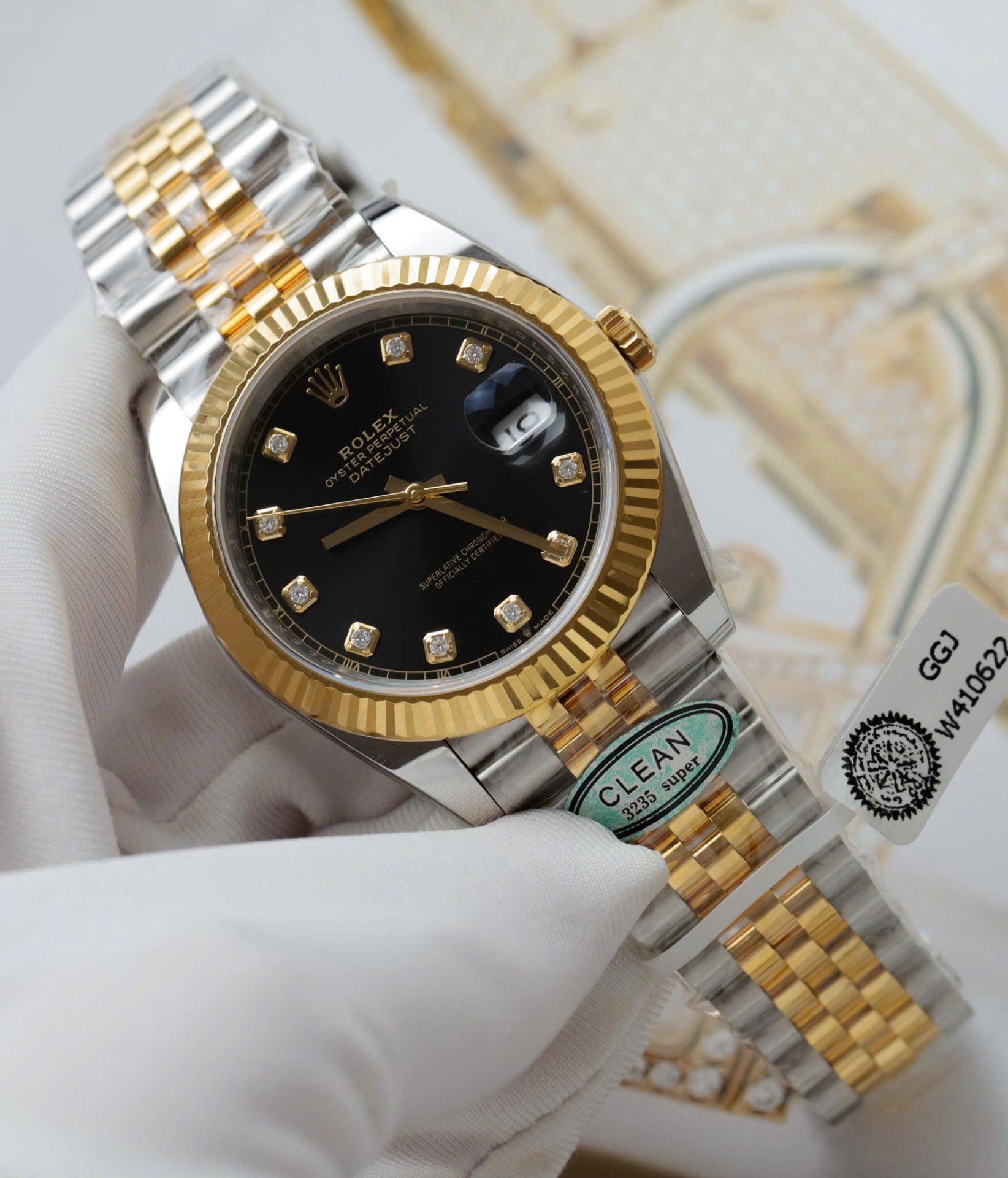 Rolex DateJust Replica Watches Black Dial Moissanite Diamonds Clean Factory 41mm