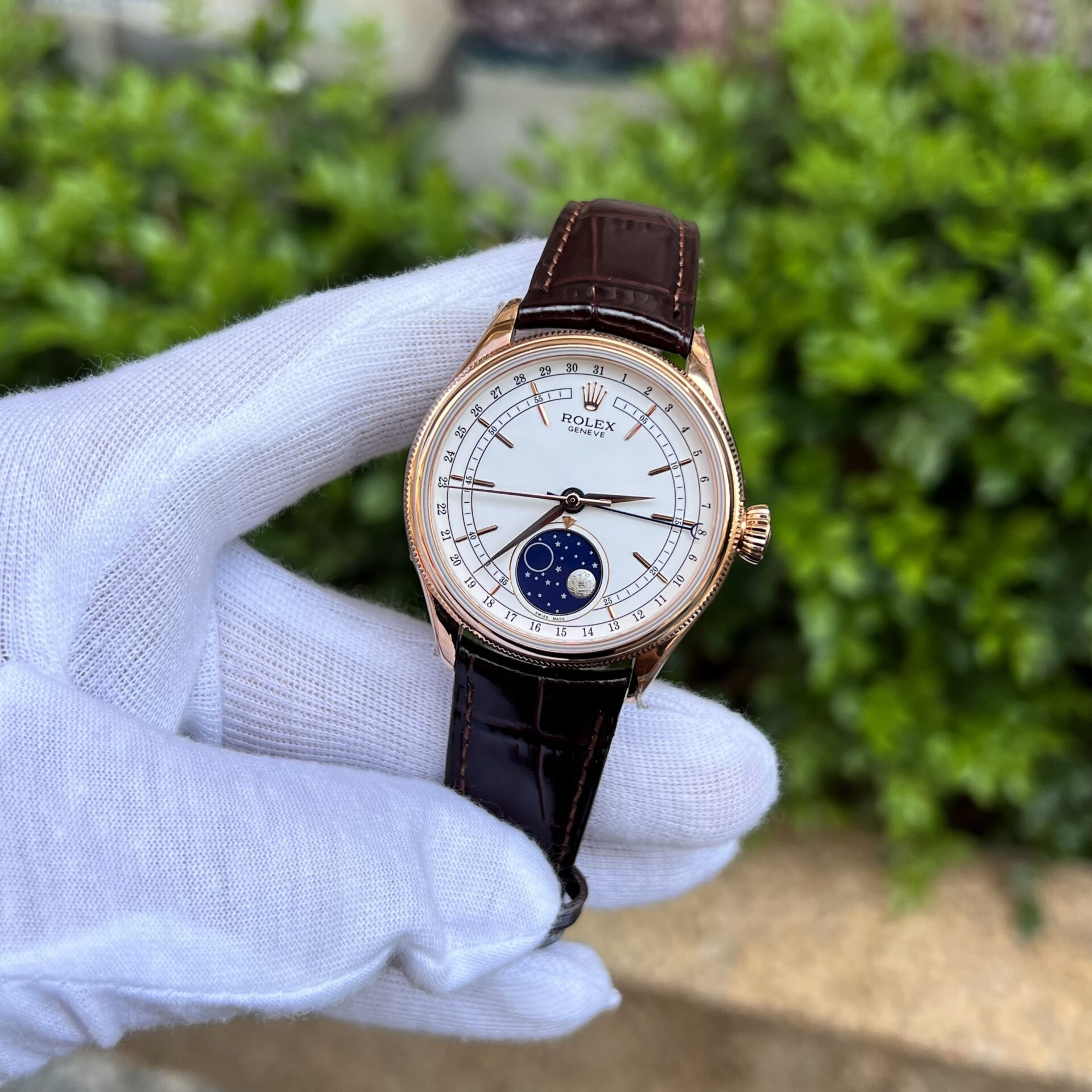 Rolex Replica 11 Watch Cellini Moonphase 50535 Rose Gold Plated White Dial 39mm