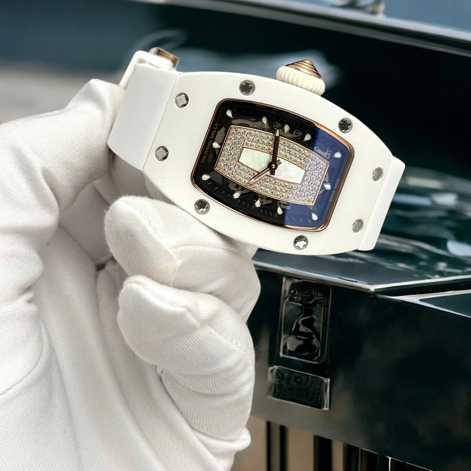 Richard Mille RM07 Super Clone Watches White Ceramic Rubber Strap Automatic Movement 36mm