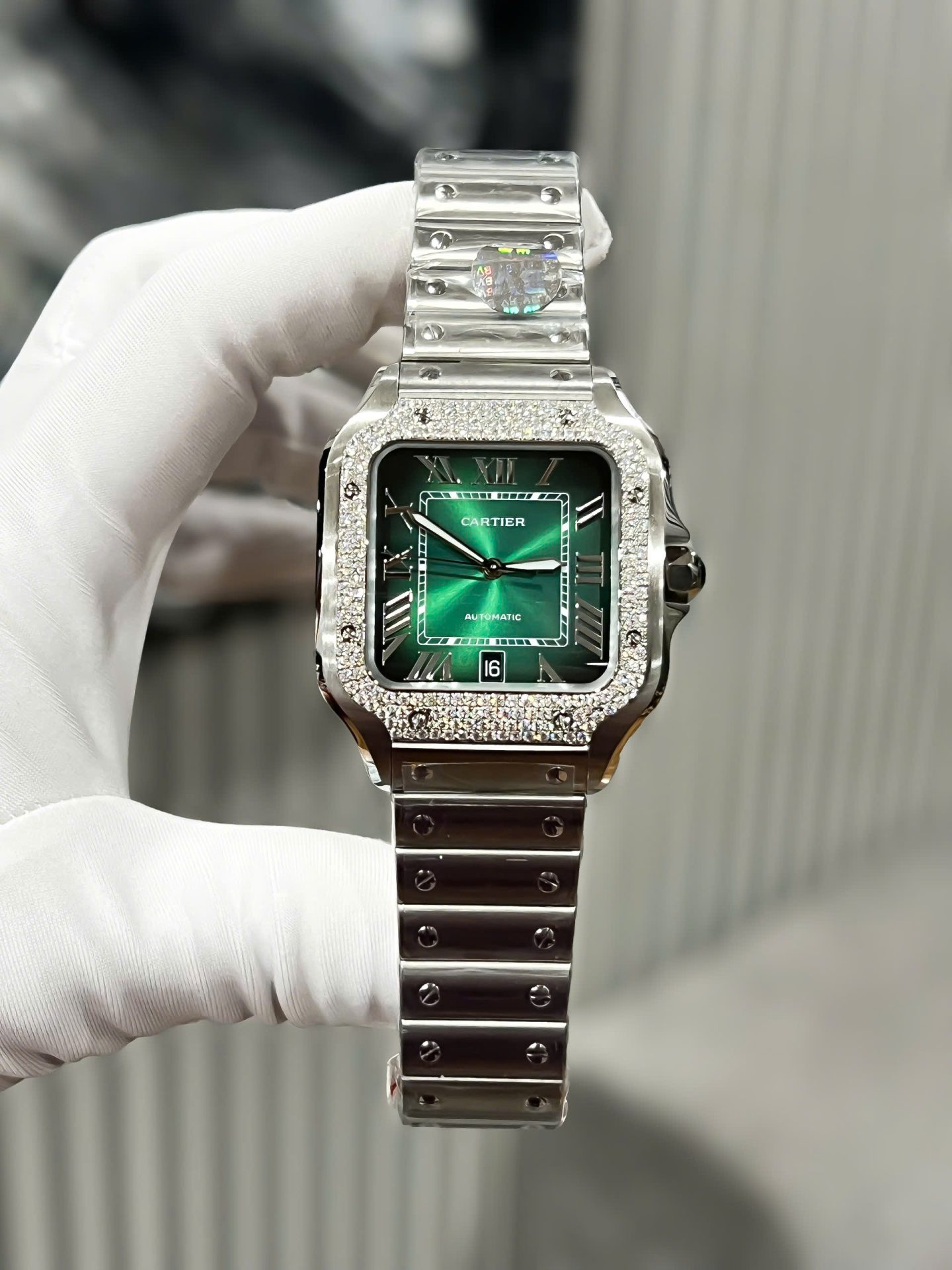 Cartier Santos Replica Watch Custom Moissanite Diamonds Dial Green BV Factory 39.8mm