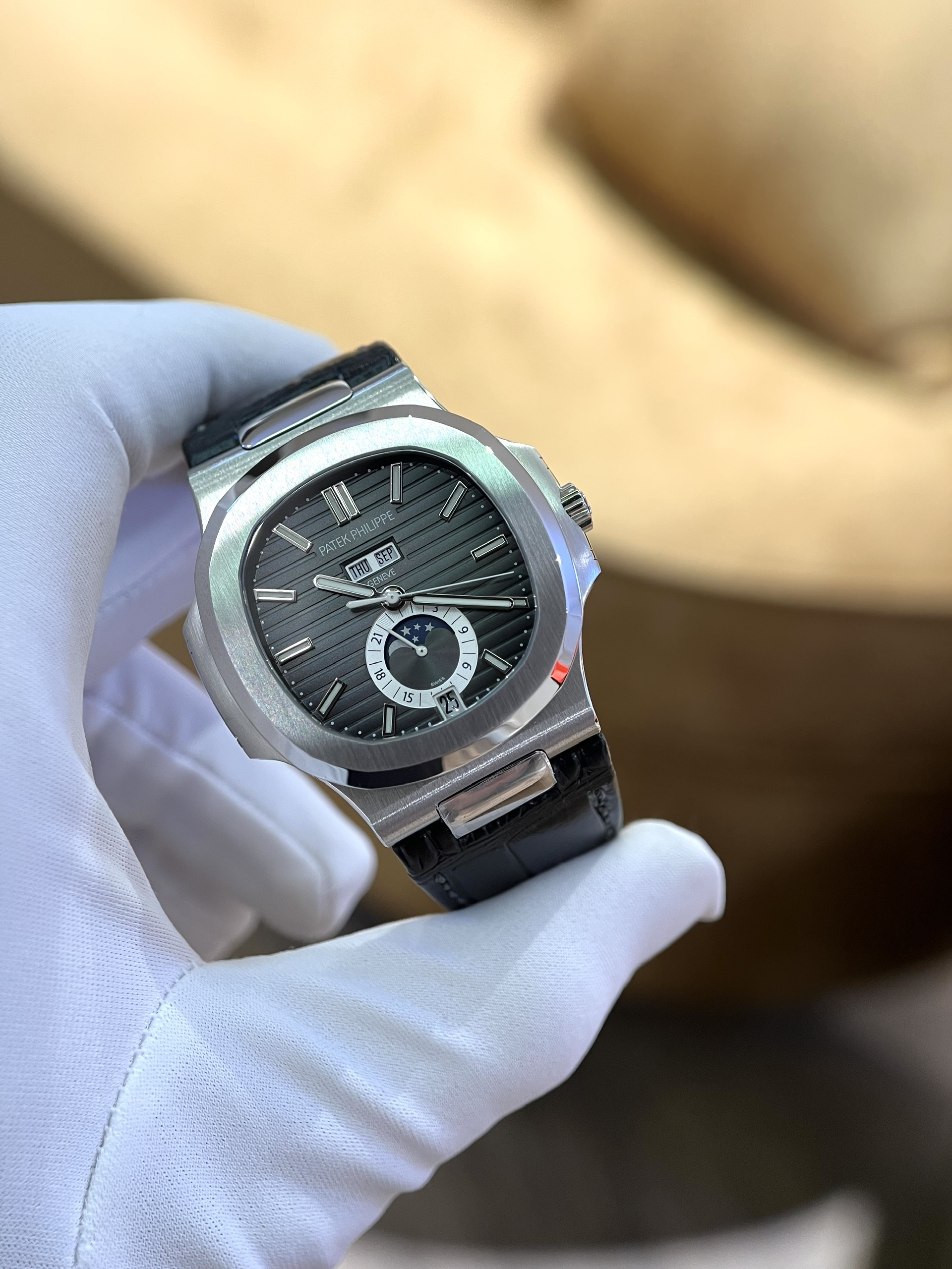 Patek Philippe Nautilus 5726 Replica 1:1 Watch Black Dial Leather Strap Factory PPF 40.5mm