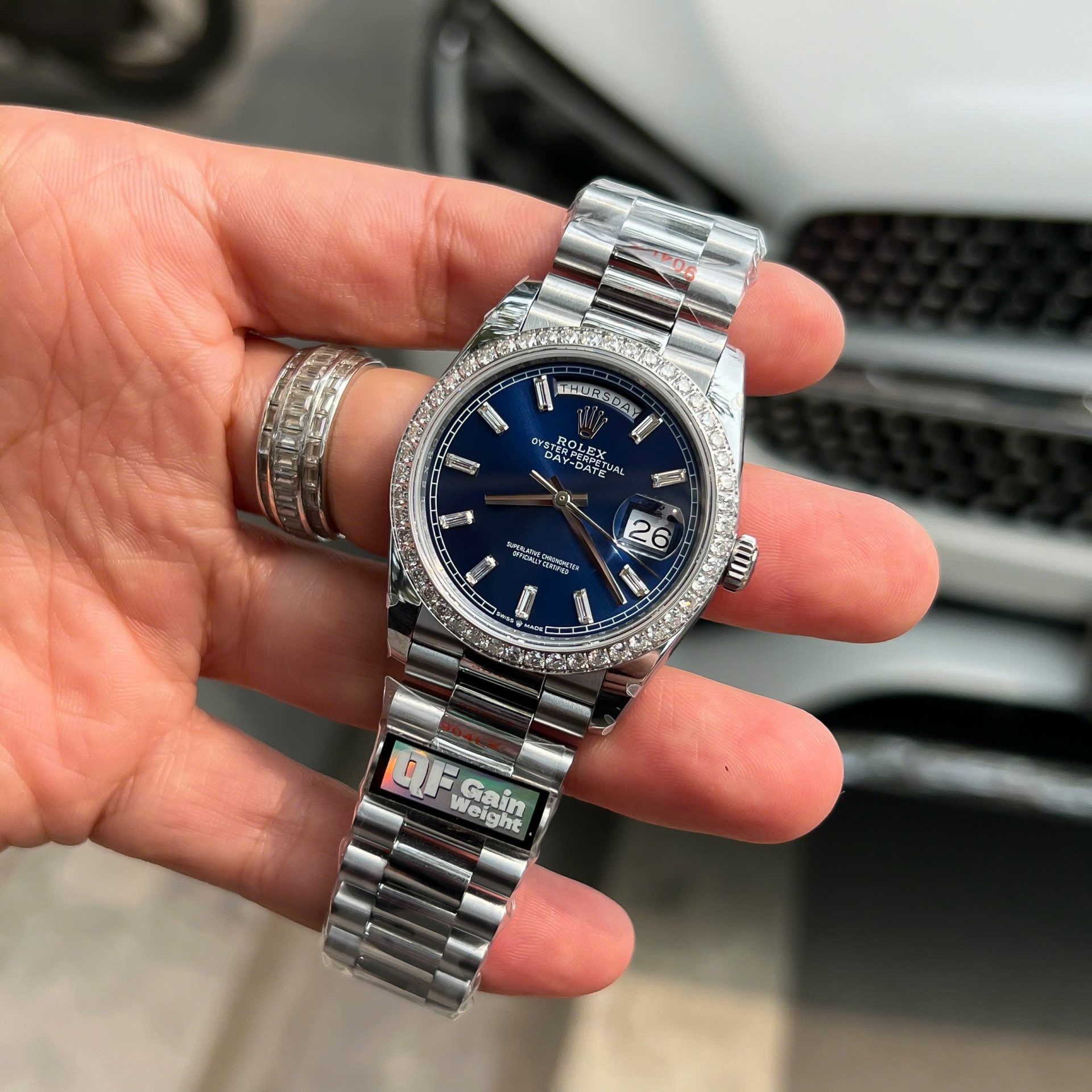 Rolex Day-Date Blue Dial Replica 11 Watch Bezel Diamonds Moissanite QF Factory 36mm