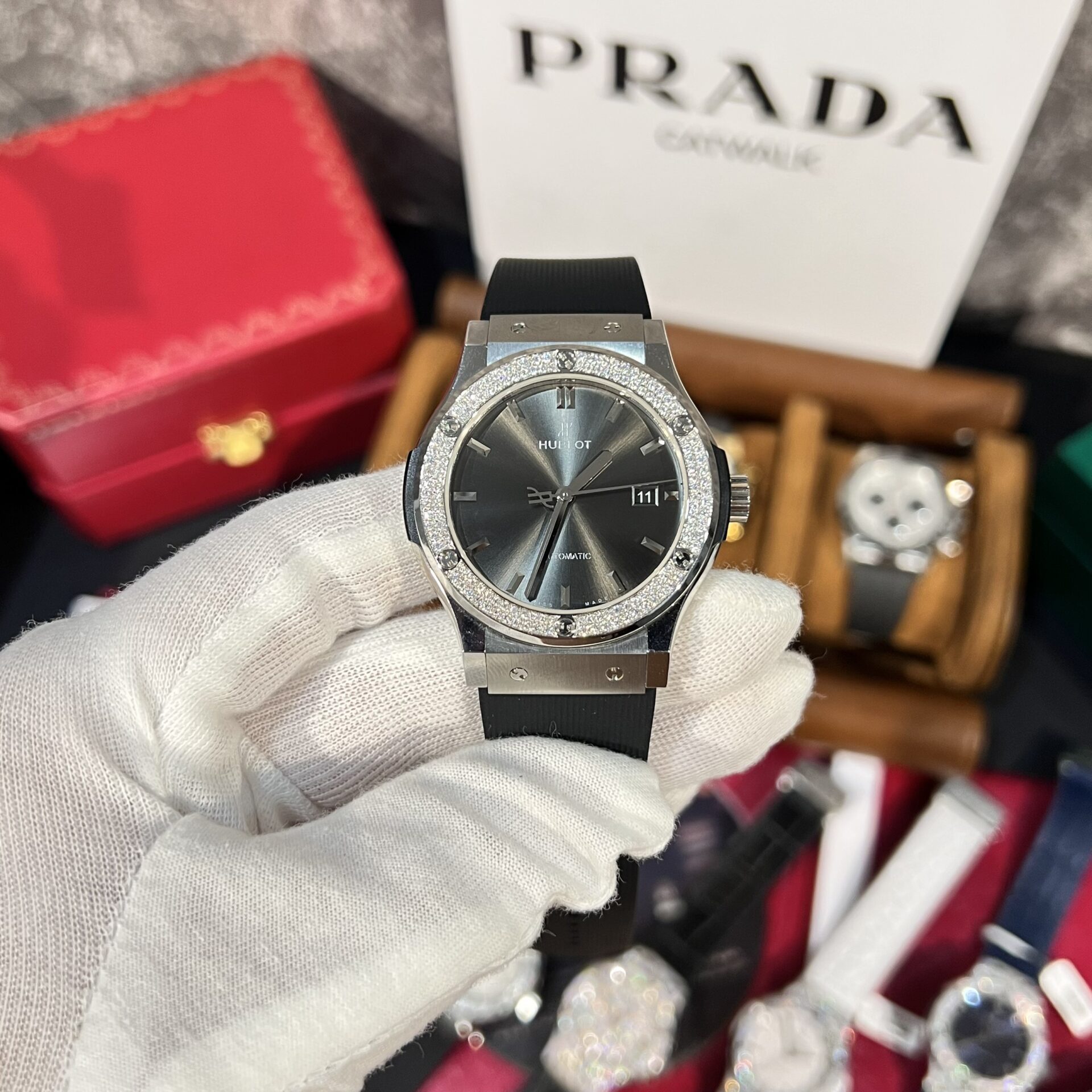 Hublot Replica Watch Classic Fusion Titanium Gray Dial With Moissanite Bezel 42mm