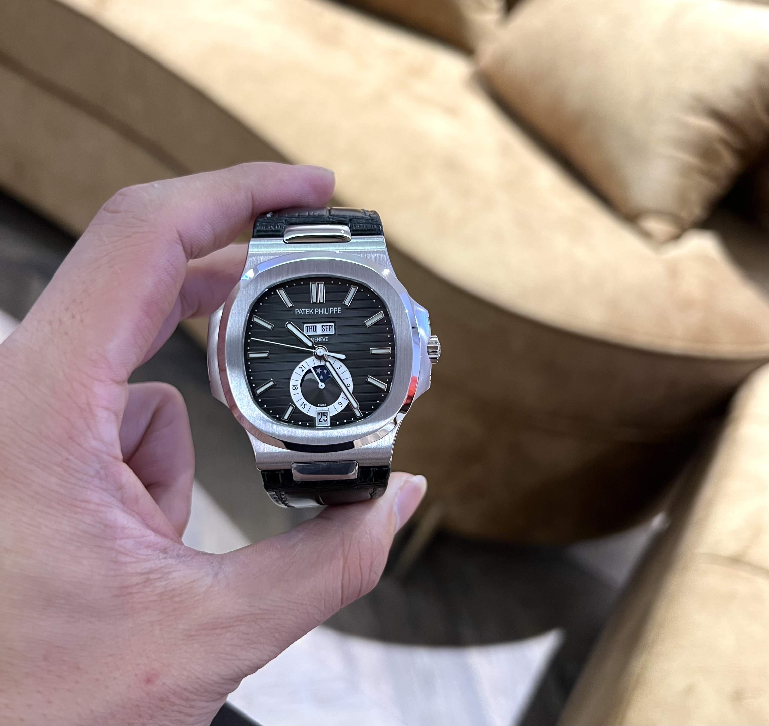 Patek Philippe Nautilus 5726 Replica 1:1 Watch Black Dial Leather Strap Factory PPF 40.5mm