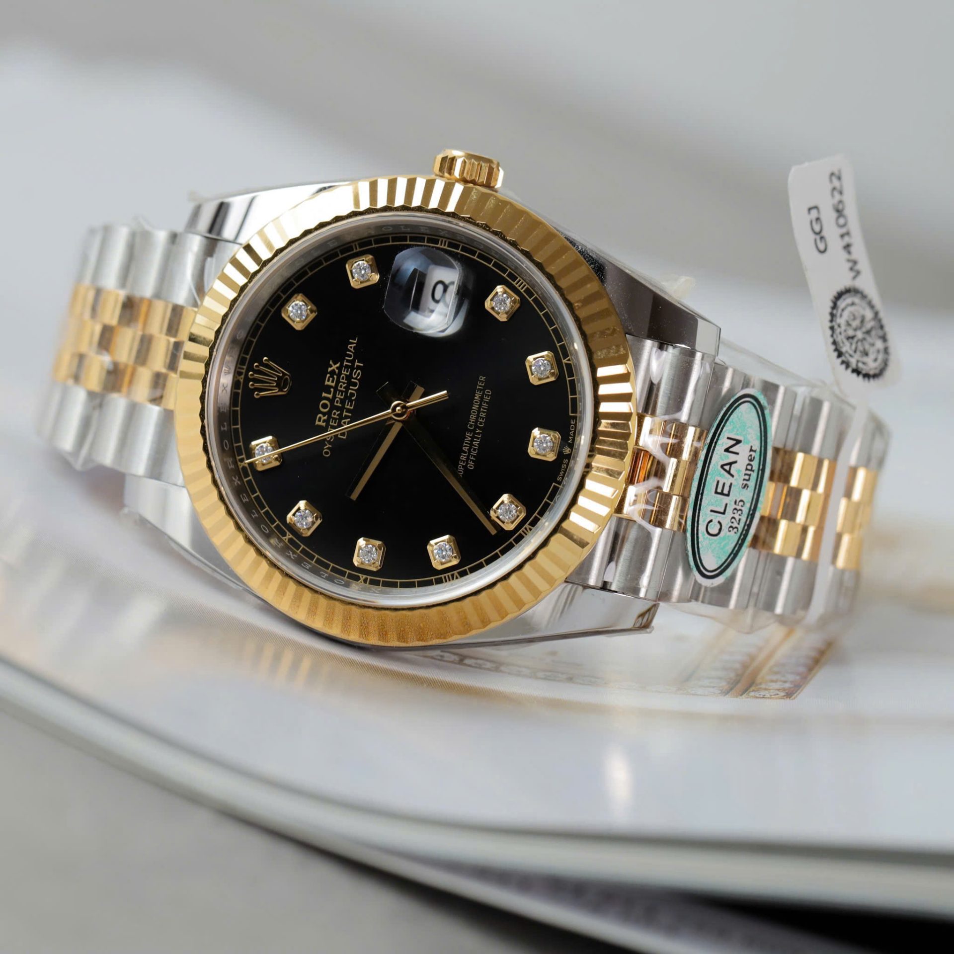 Rolex DateJust Replica Watches Black Dial Moissanite Diamonds Clean Factory 41mm