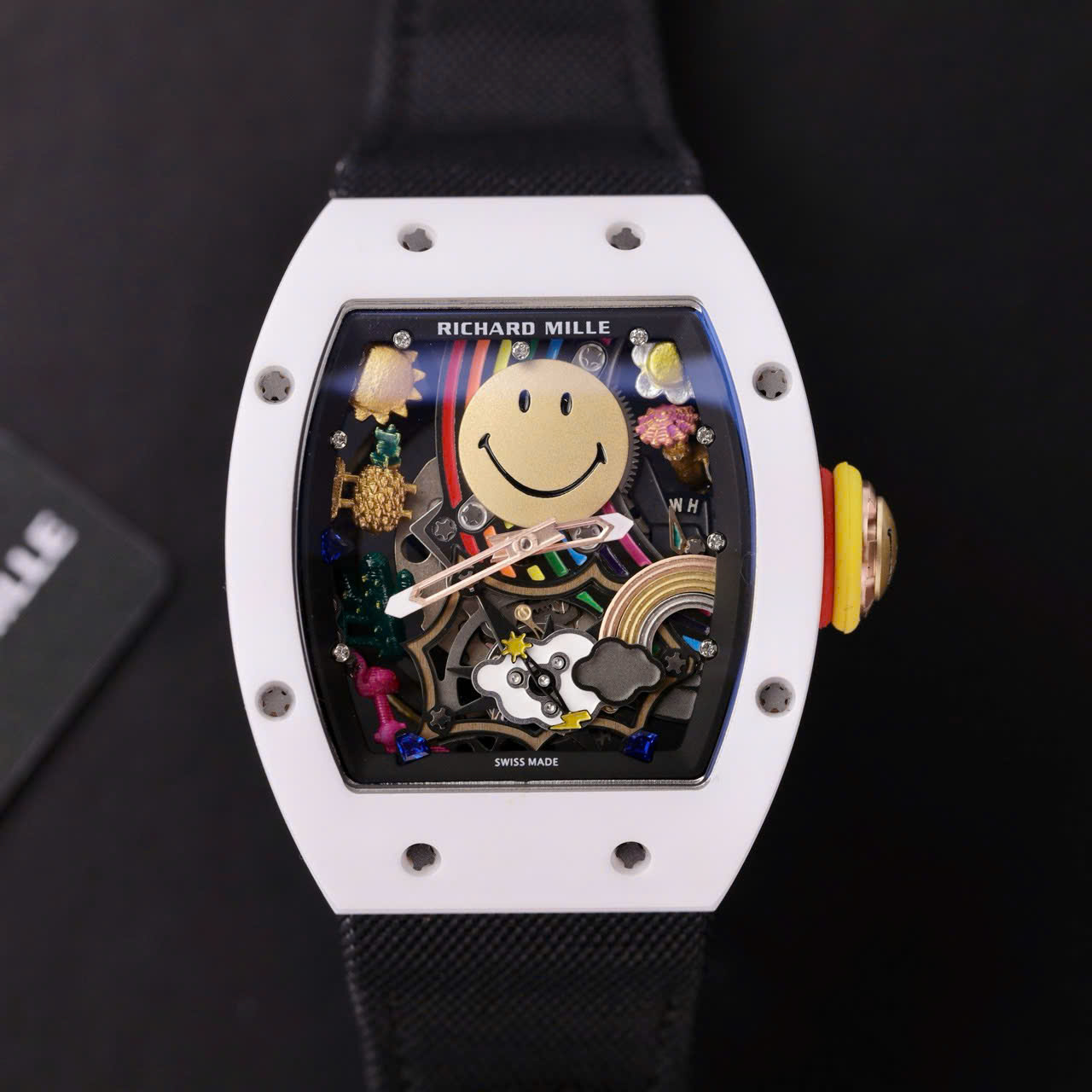 Richard Mille Best Copies Watch RM88 Smiley White Ceramic Fabic Nato Strap 42mm