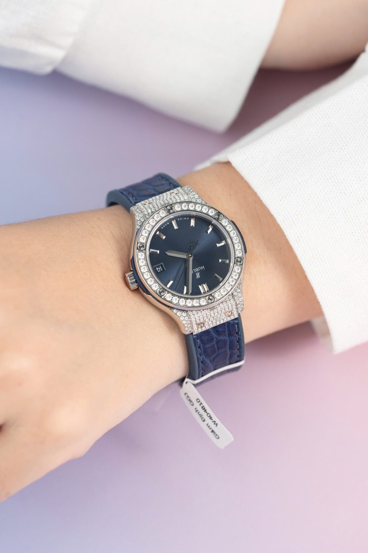 Hublot Replica 11 Watch Classic Fusion Women s Full Diamond Moissanite Blue 33mm