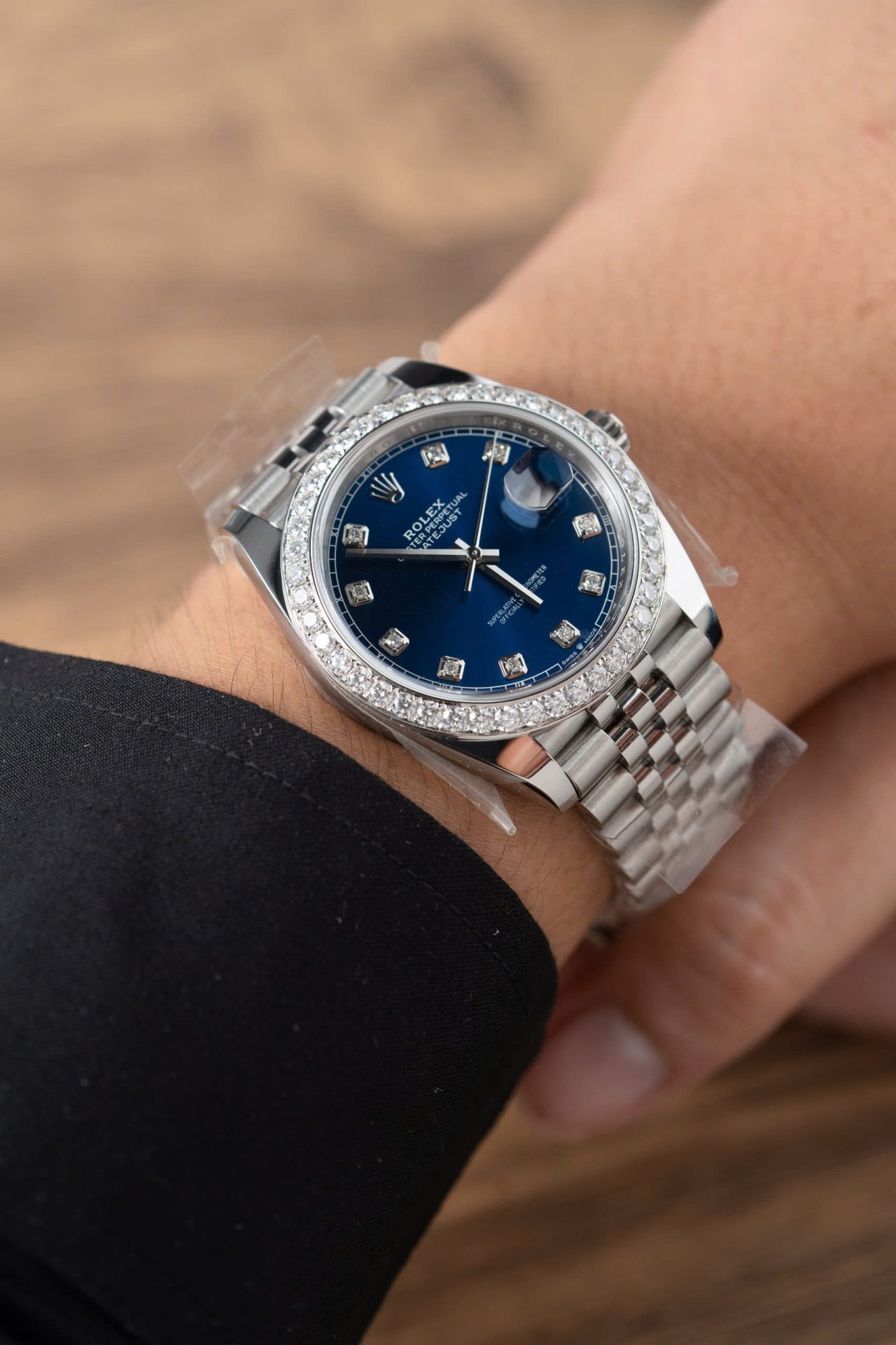Rolex Replica Watch DateJust Blue Dial With Moissanite Diamond Bezel Factory Clean 41mm