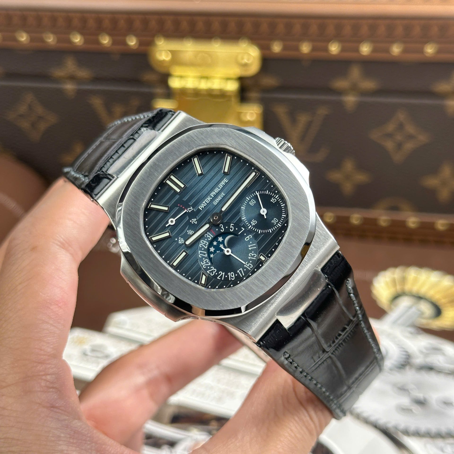 Patek Philippe Nautilus 5712 Copies Watches Blue Dial Leather Strap PPF Factory Version 3 40mm