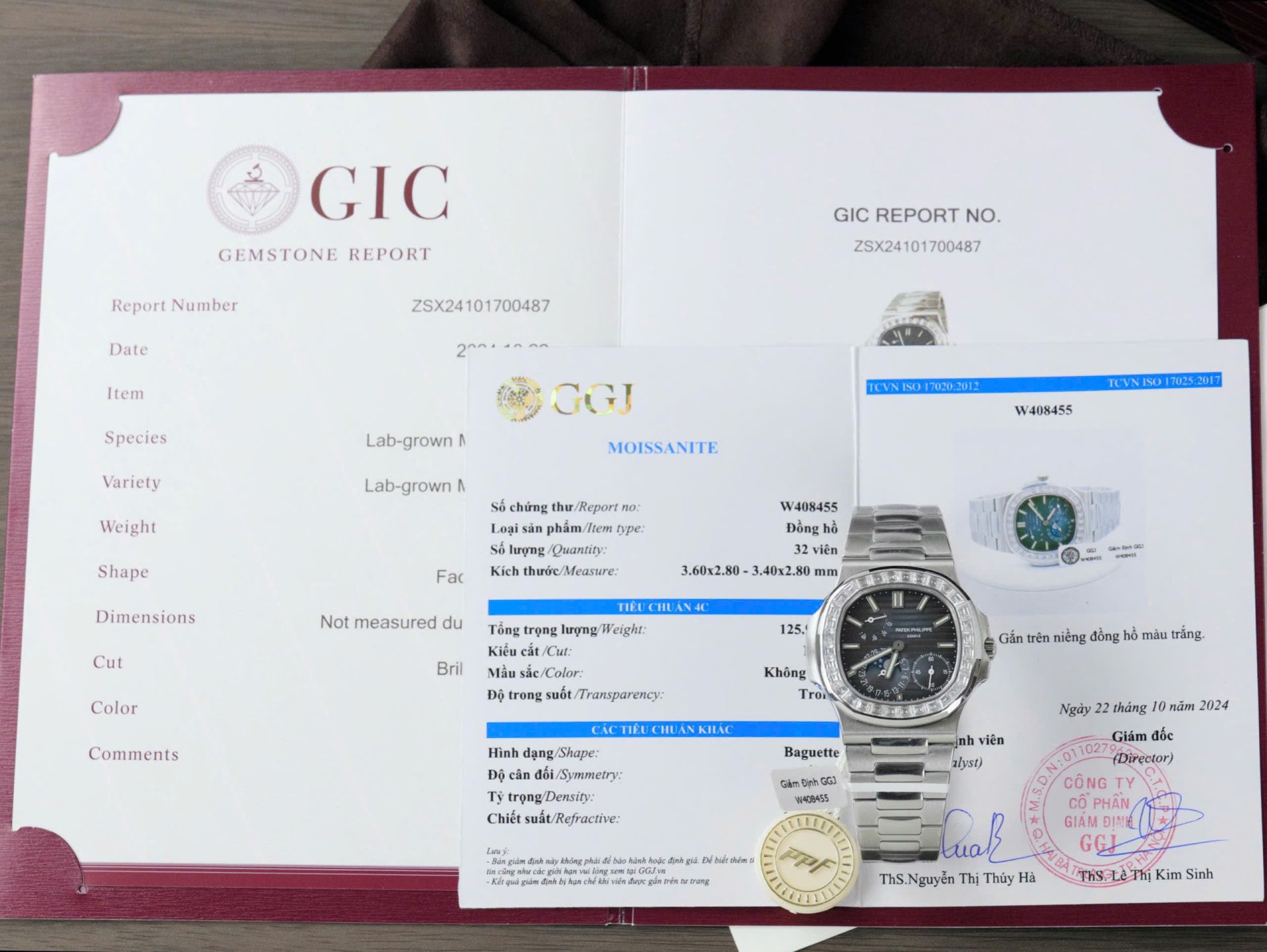 Patek Philippe Nautilus 5724G Refined Dial Replica Watch Custom Diamonds Moissanite Baguette 40mm