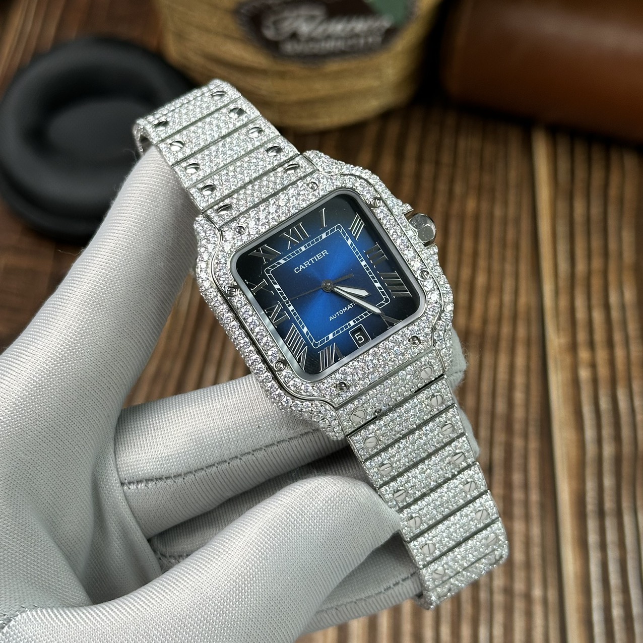 Cartier Replica Watch Santos Full Diamond Moissanite Blue Dial 39.8mm