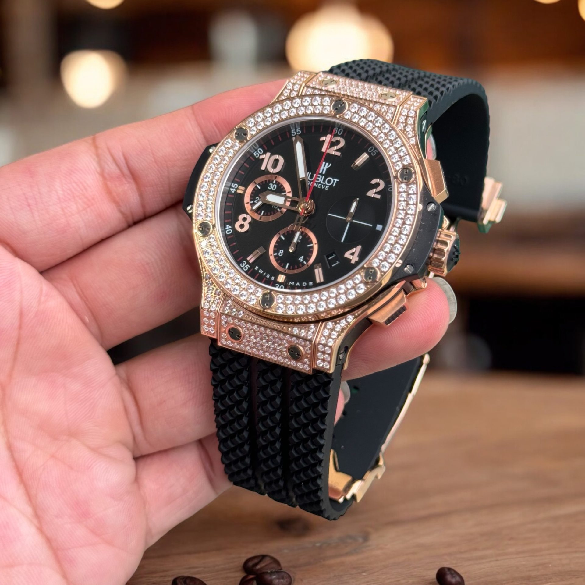 Hublot Replica 11 Watch Big Bang Chronograph Full Stone Face Black High Quality 44mm
