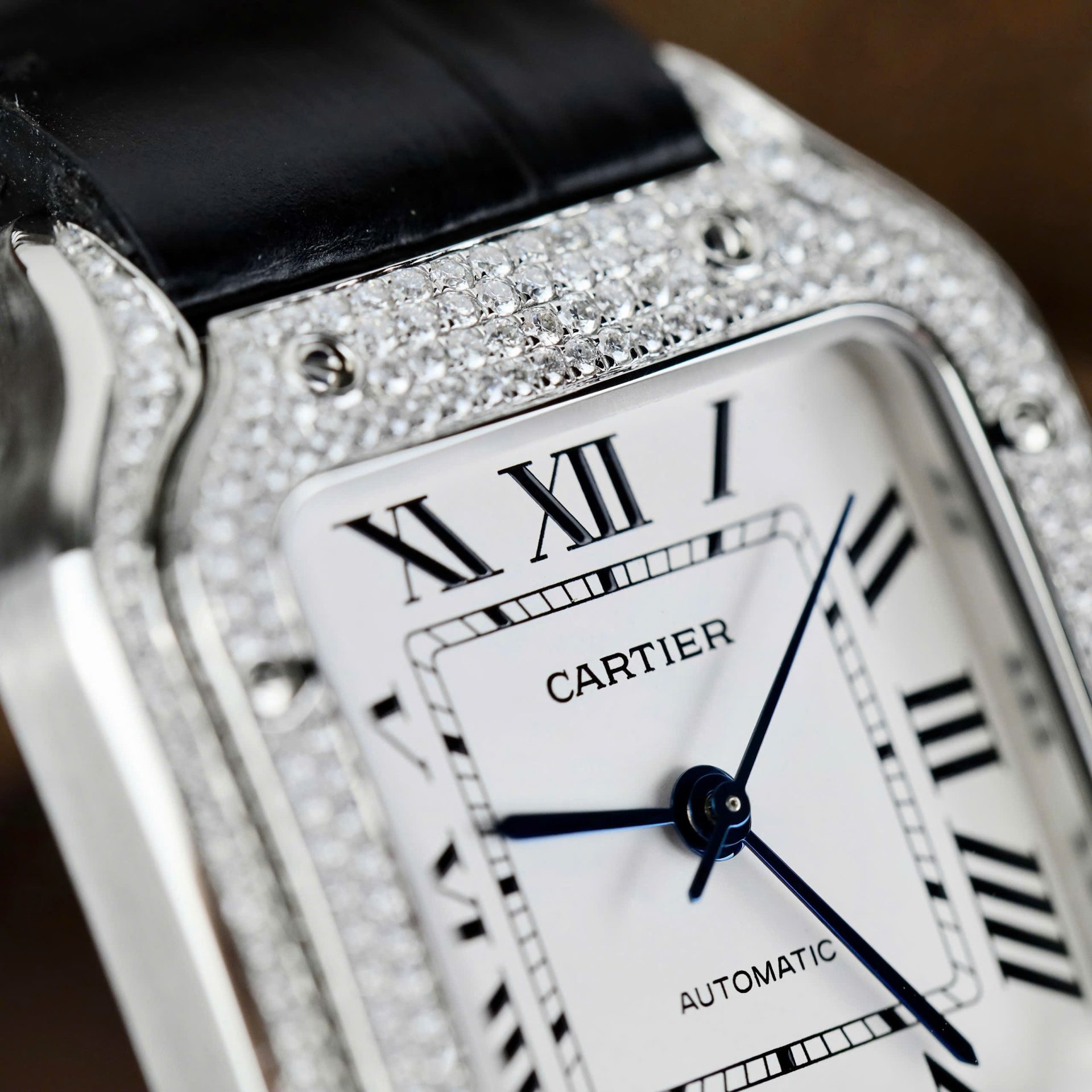 Cartier Santos Women’s White Dial Copies Watches Moissanite Diamonds Custom BV Factory 35.2mm