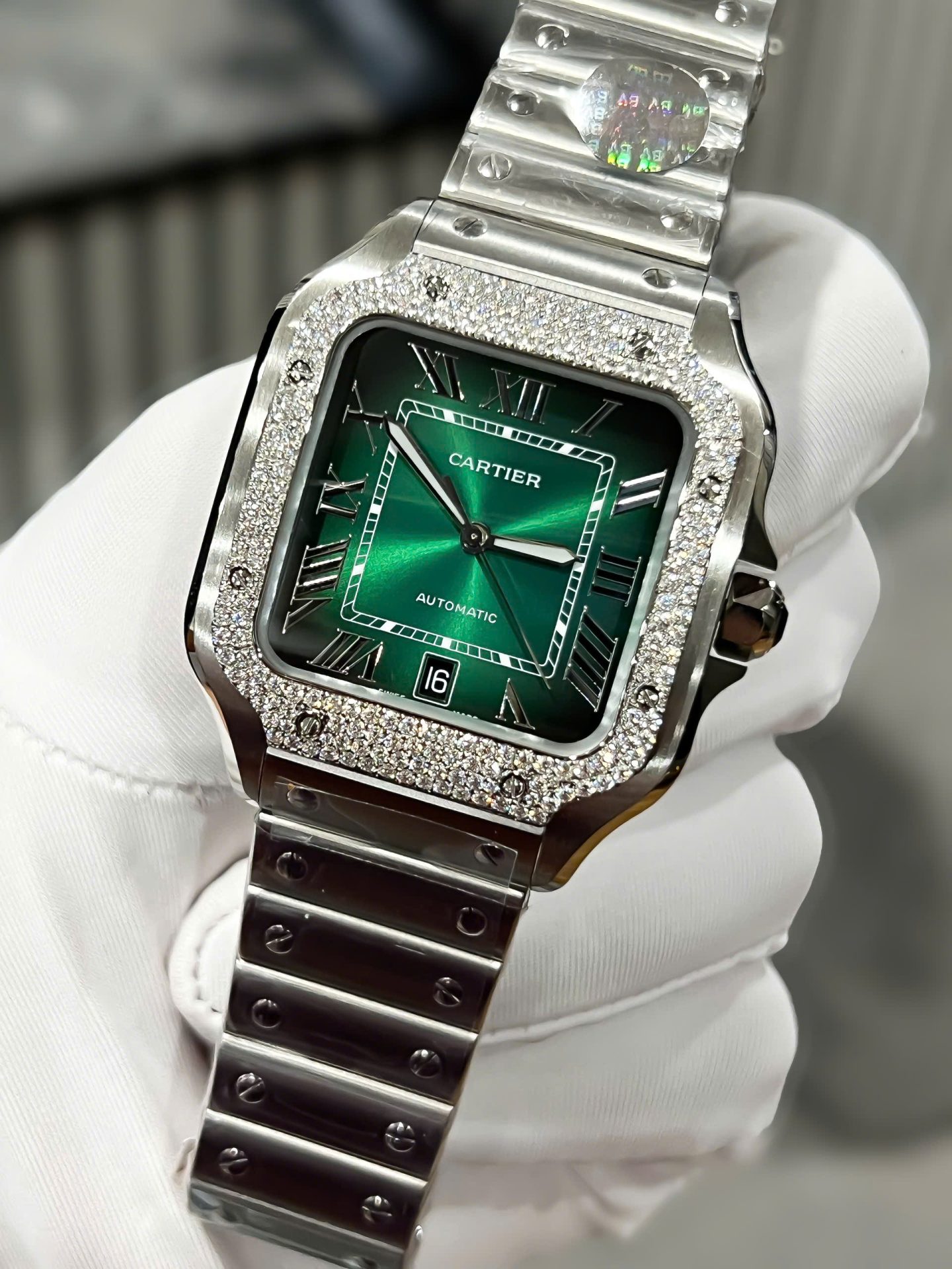 Cartier Santos Replica Watch Custom Moissanite Diamonds Dial Green BV Factory 39.8mm