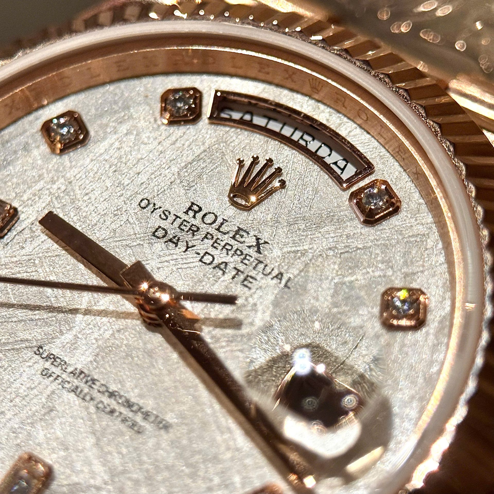 Rolex Replica Watch Day-Date Meteorite Dial With Moissanite Diamonds Hour Markers Custom Gold Wrapped GMF 40mm