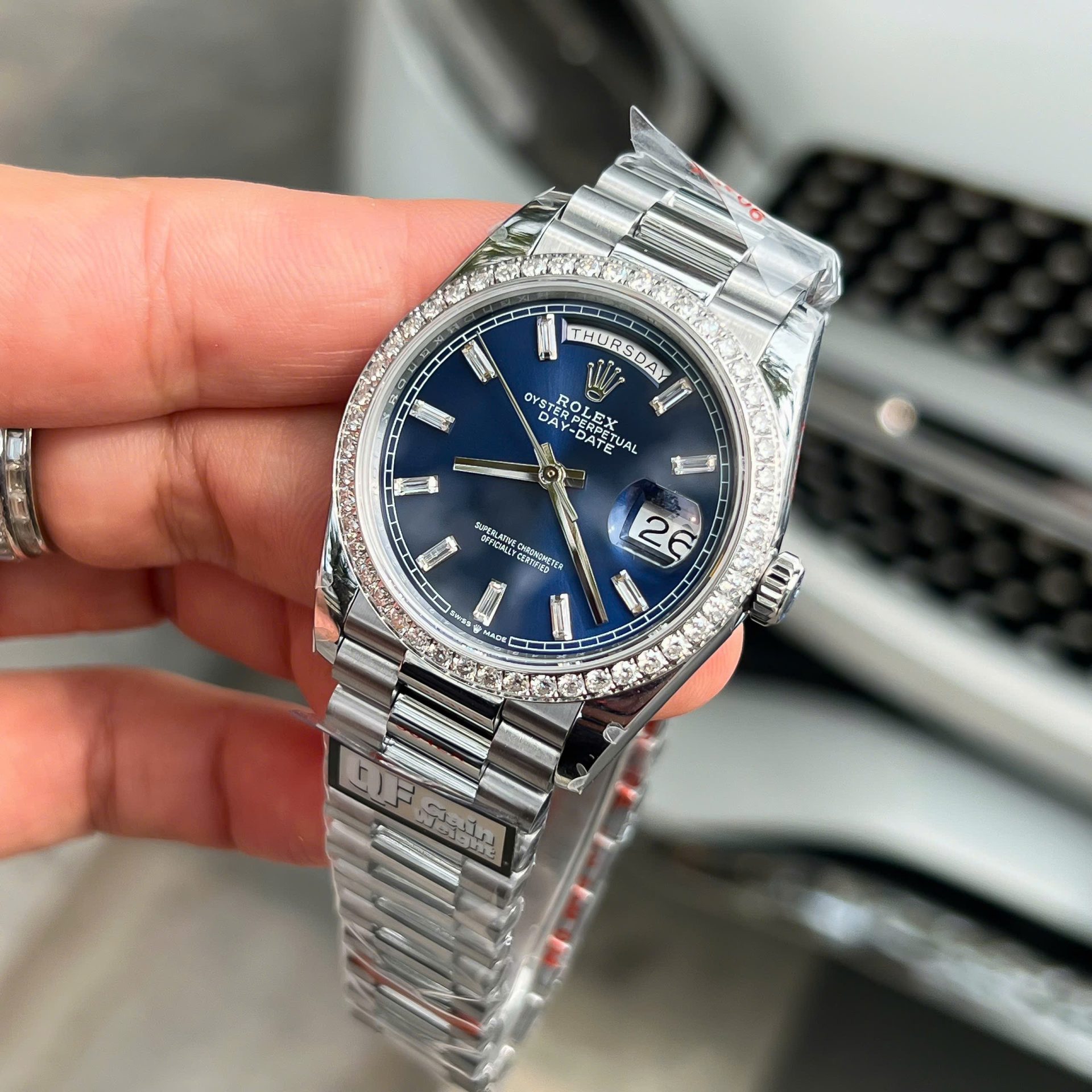 Rolex Day-Date Blue Dial Replica 11 Watch Bezel Diamonds Moissanite QF Factory 36mm