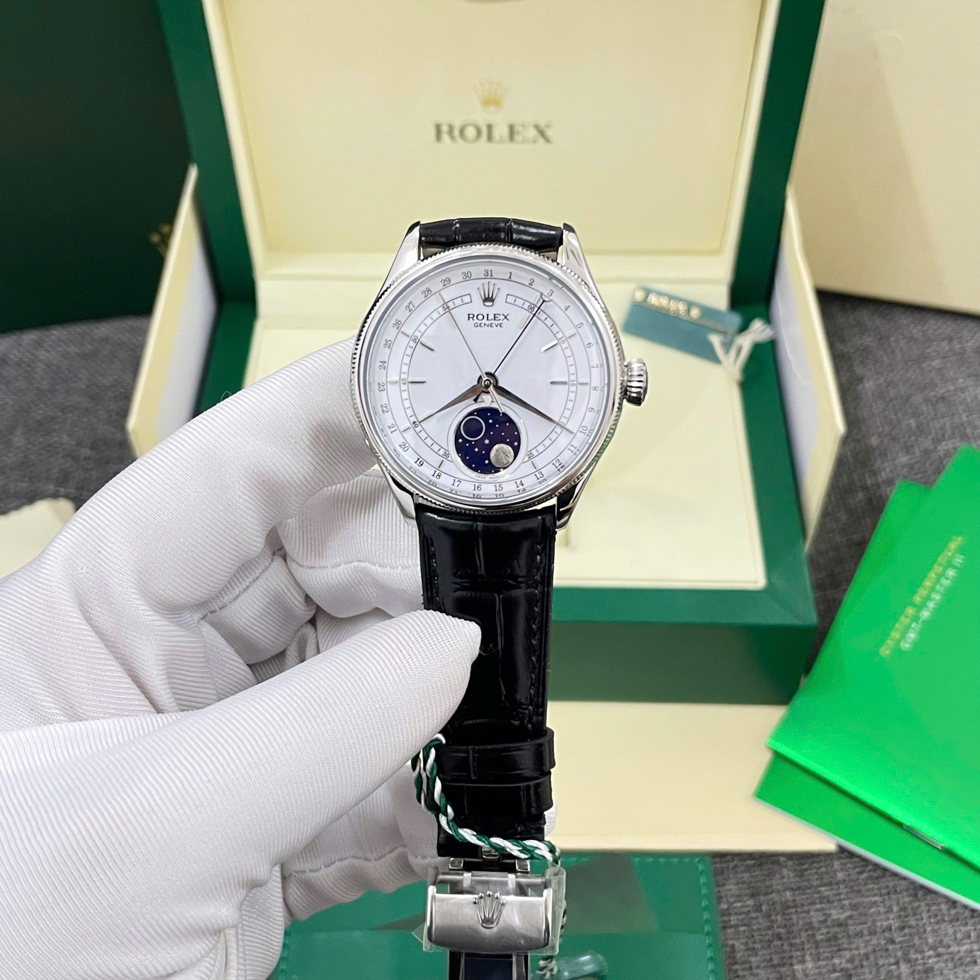 Rolex High End Watch Replicas Cellini Moonphase White Dial Leather Strap 39mm