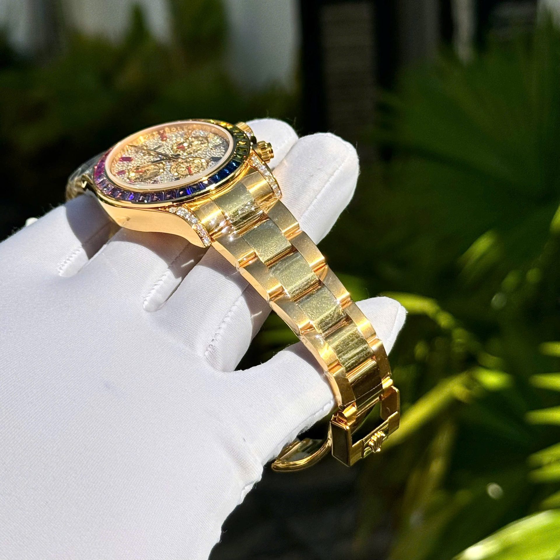 Rolex Daytona Rainbow Replica Watch 18K Gold Wrapped Customs Moissanite   Gemstones 40mm