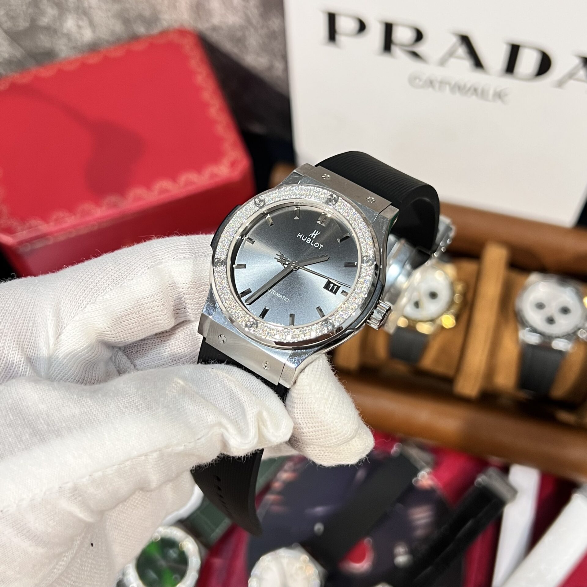 Hublot Replica Watch Classic Fusion Titanium Gray Dial With Moissanite Bezel 42mm