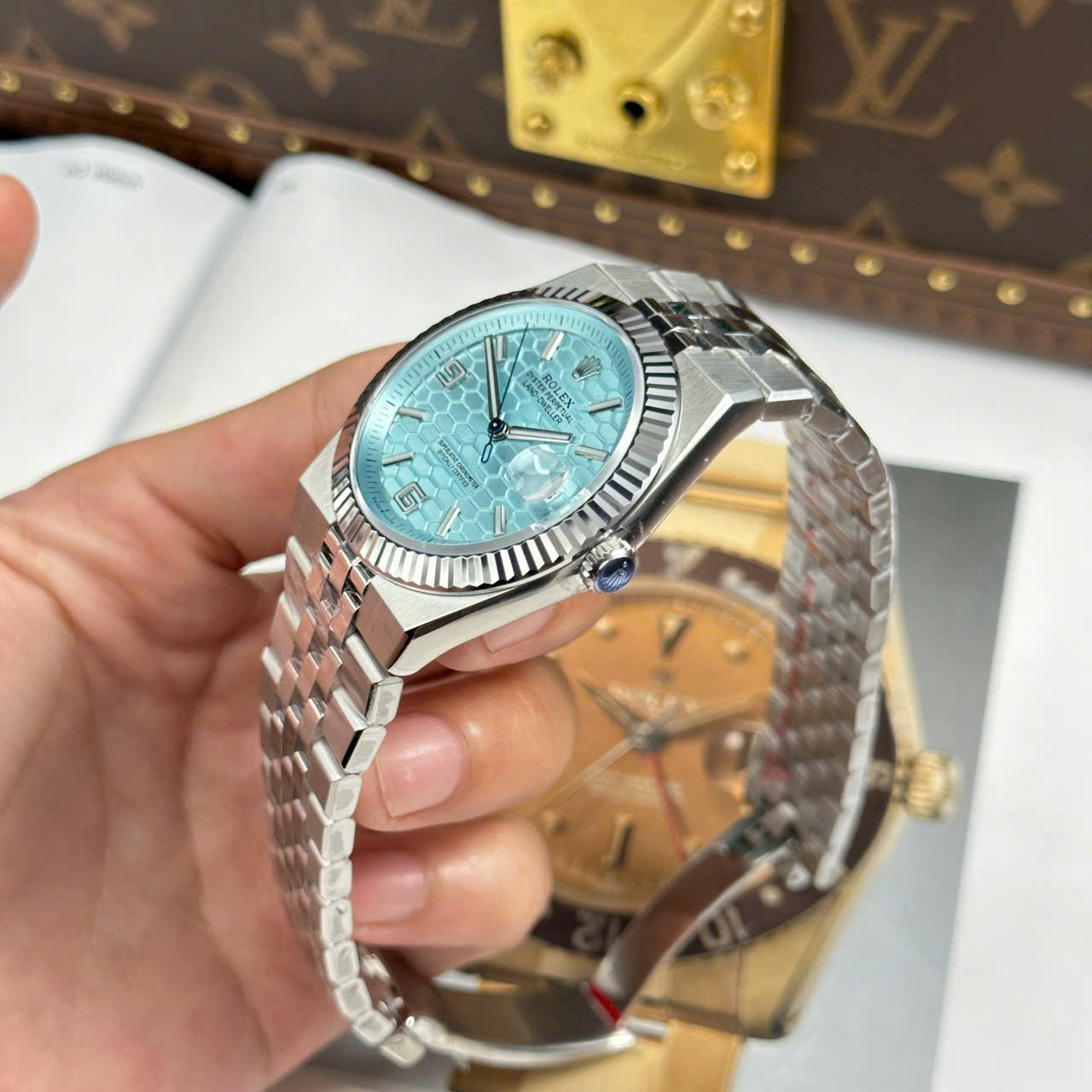 Rolex Land-Dweller 127336 Ice Blue   Honeycomb Motif Dial Best Fake Watches 40mm