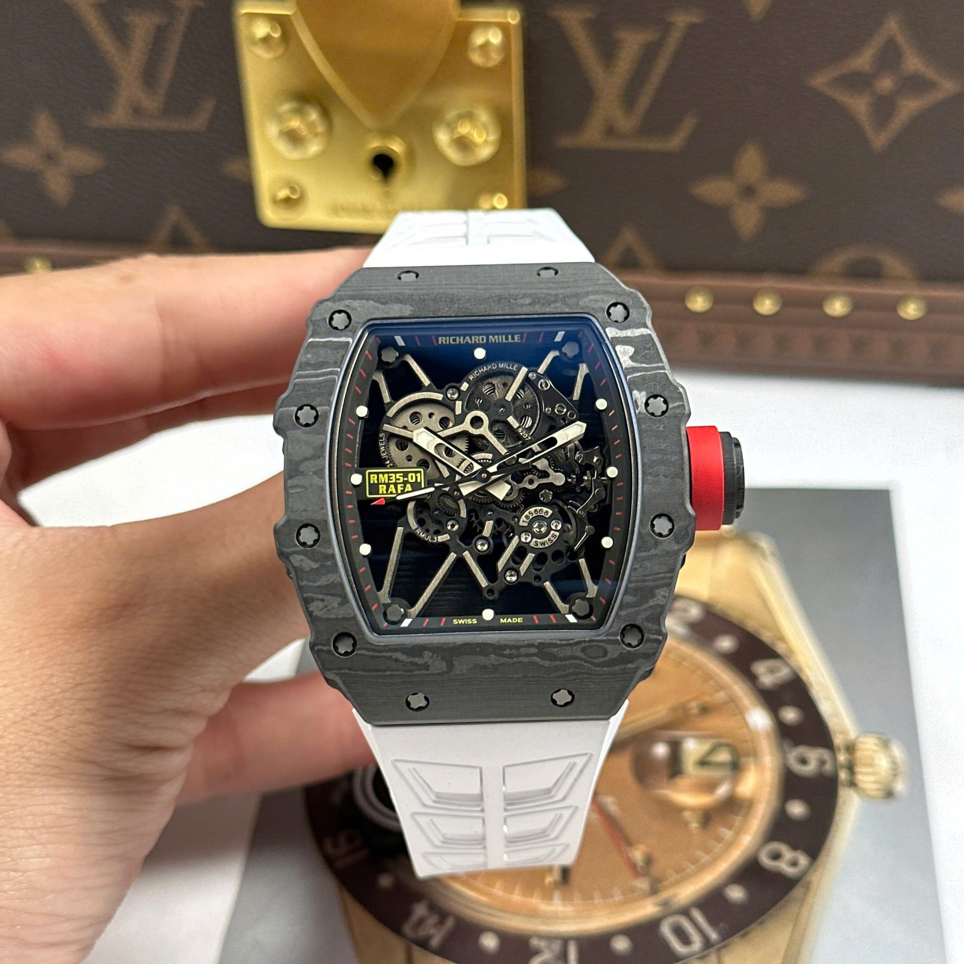 Richard Mille RM35-01 Rafael Nadal Carbon NTPT Best Copies Watches White Rubber Strap ZF Factory 49,9x43mm