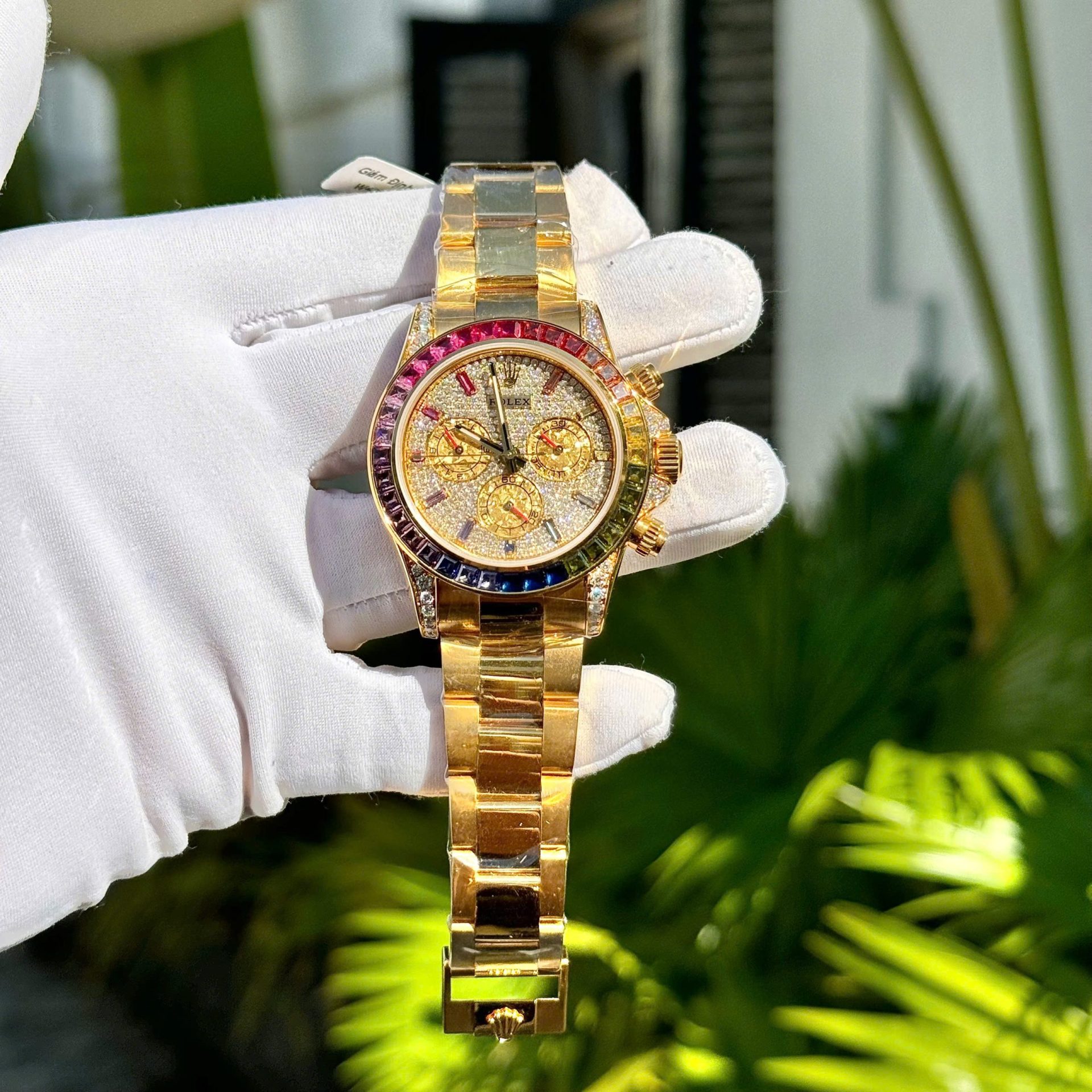 Rolex Daytona Rainbow Replica Watch 18K Gold Wrapped Customs Moissanite   Gemstones 40mm