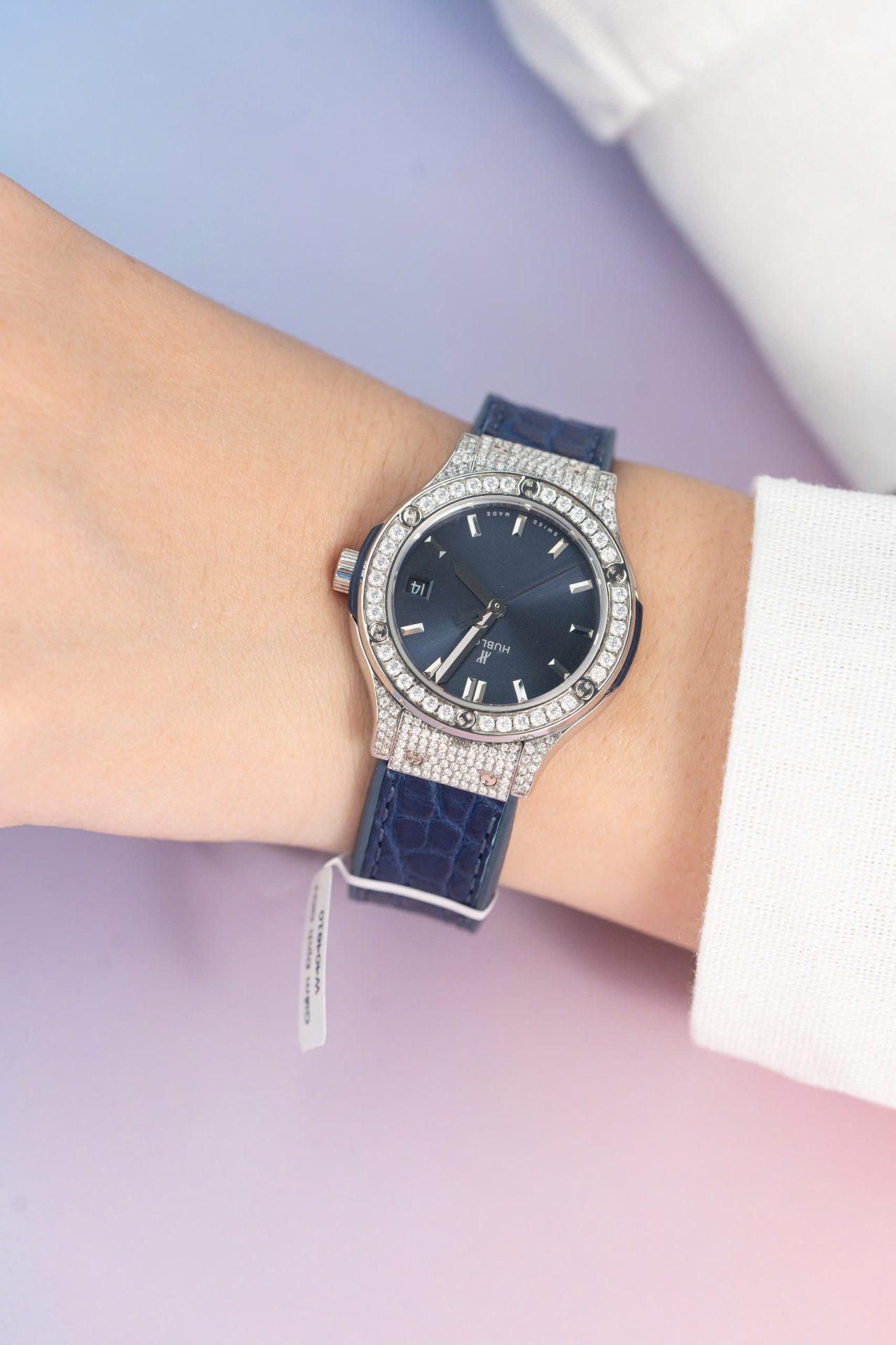 Hublot Replica 11 Watch Classic Fusion Women s Full Diamond Moissanite Blue 33mm