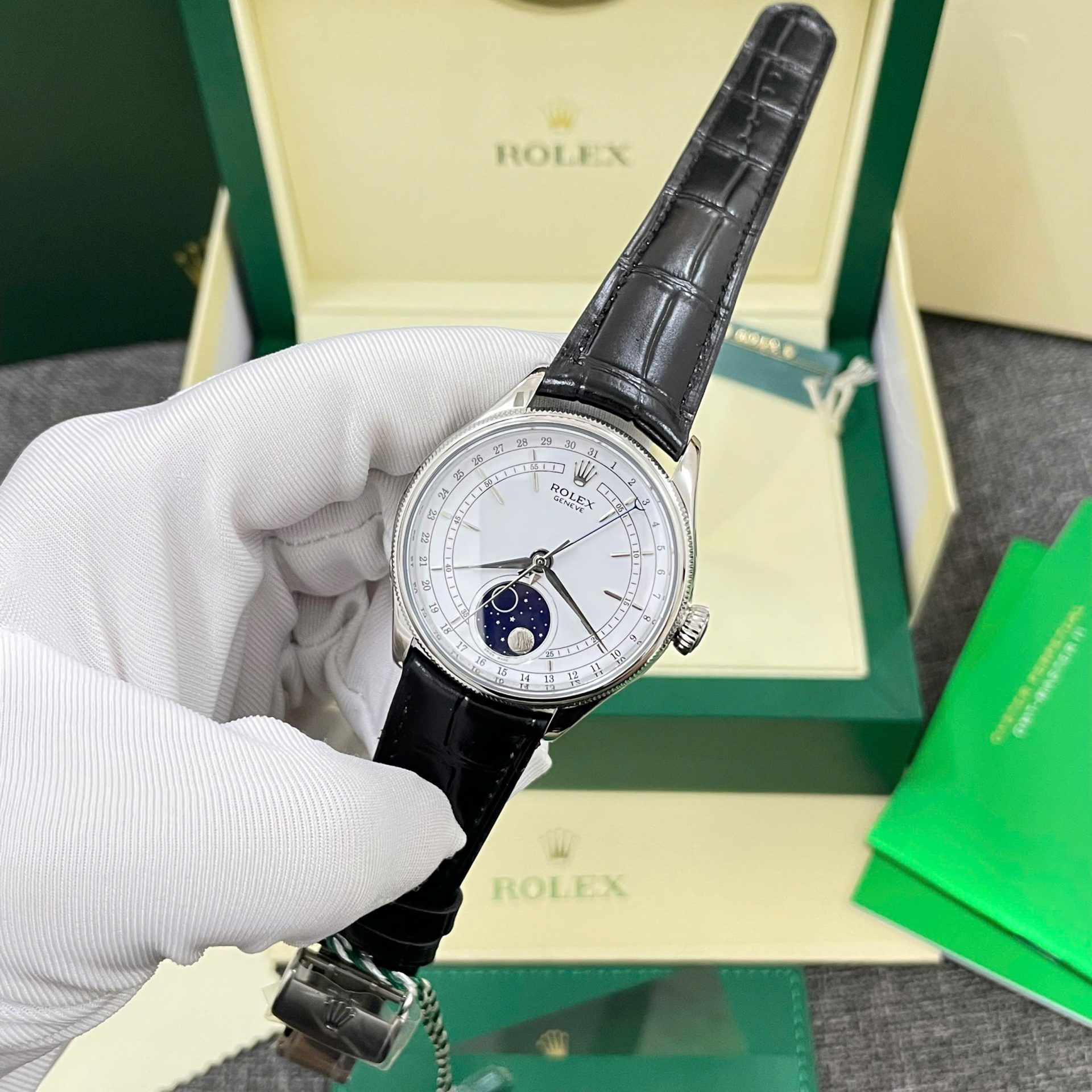 Rolex High End Watch Replicas Cellini Moonphase White Dial Leather Strap 39mm