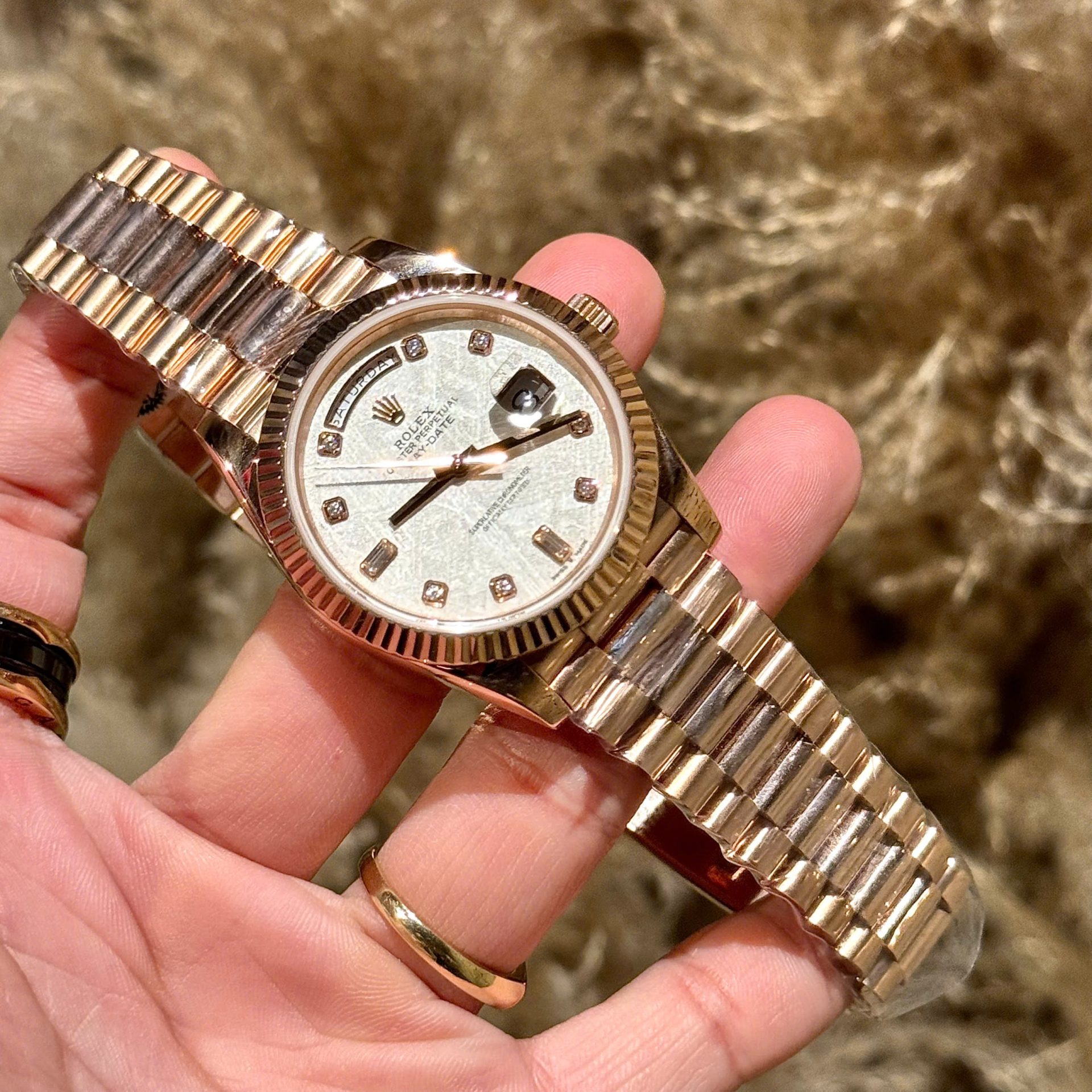 Rolex Replica Watch Day-Date Meteorite Dial With Moissanite Diamonds Hour Markers Custom Gold Wrapped GMF 40mm