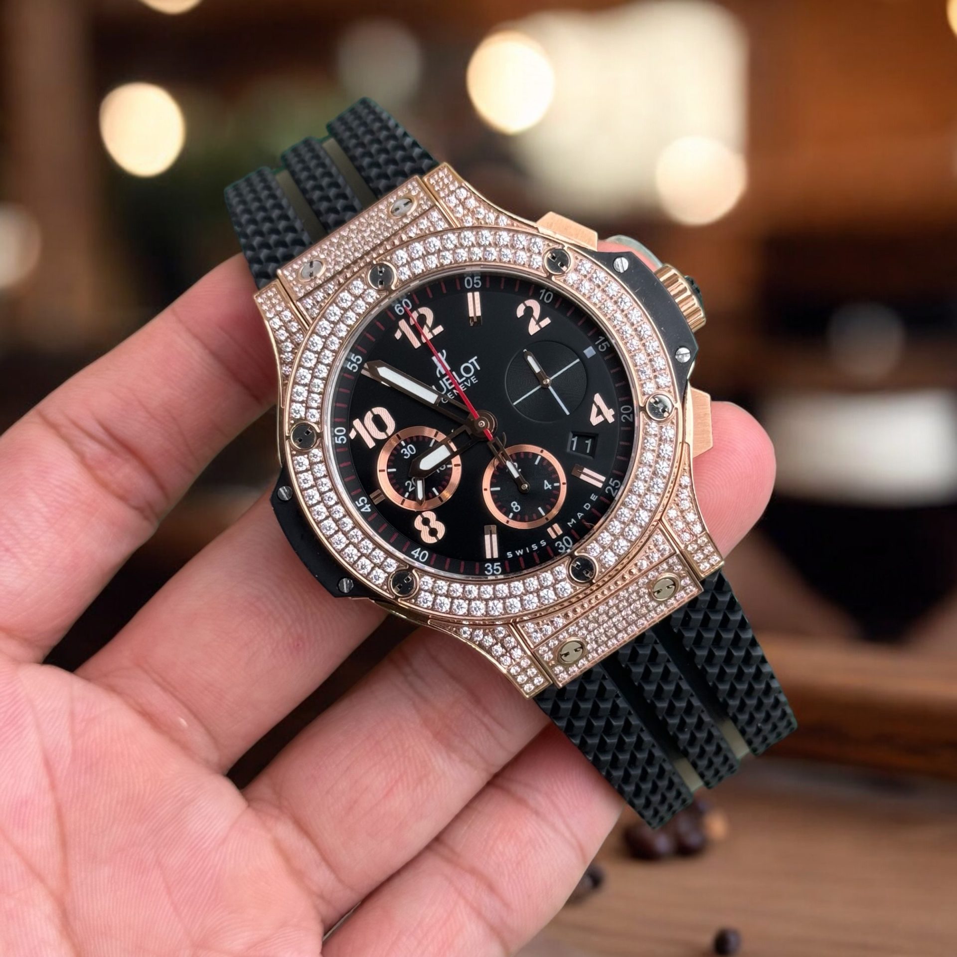 Hublot Replica 11 Watch Big Bang Chronograph Full Stone Face Black High Quality 44mm