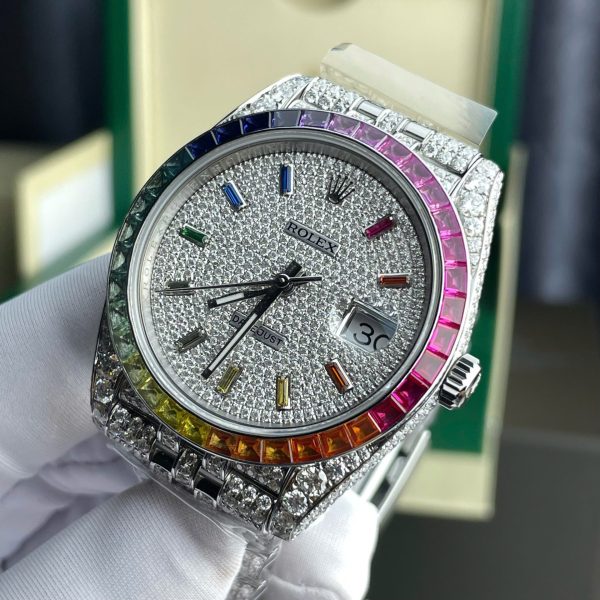Rolex DateJust Replica Watch Full Moissanite Diamonds Hong Kong Dial Blue 41mm