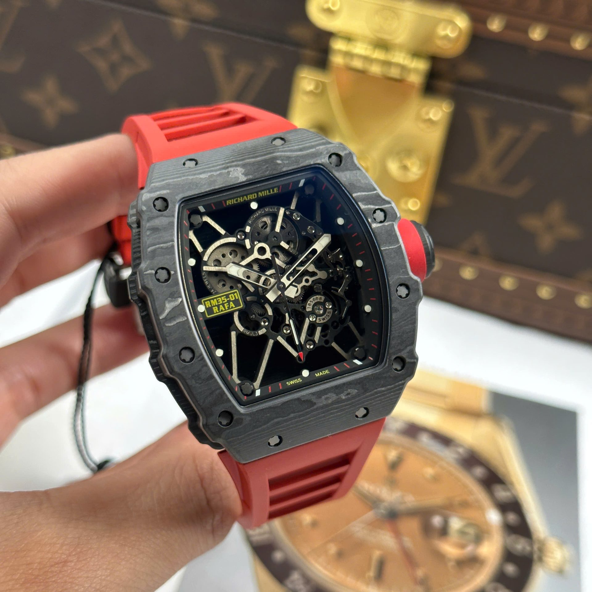 Richard Mille RM35-01 Rafael Nadal Carbon NTPT Copies Watches Red Rubber Strap ZF Factory 49,9x43mm